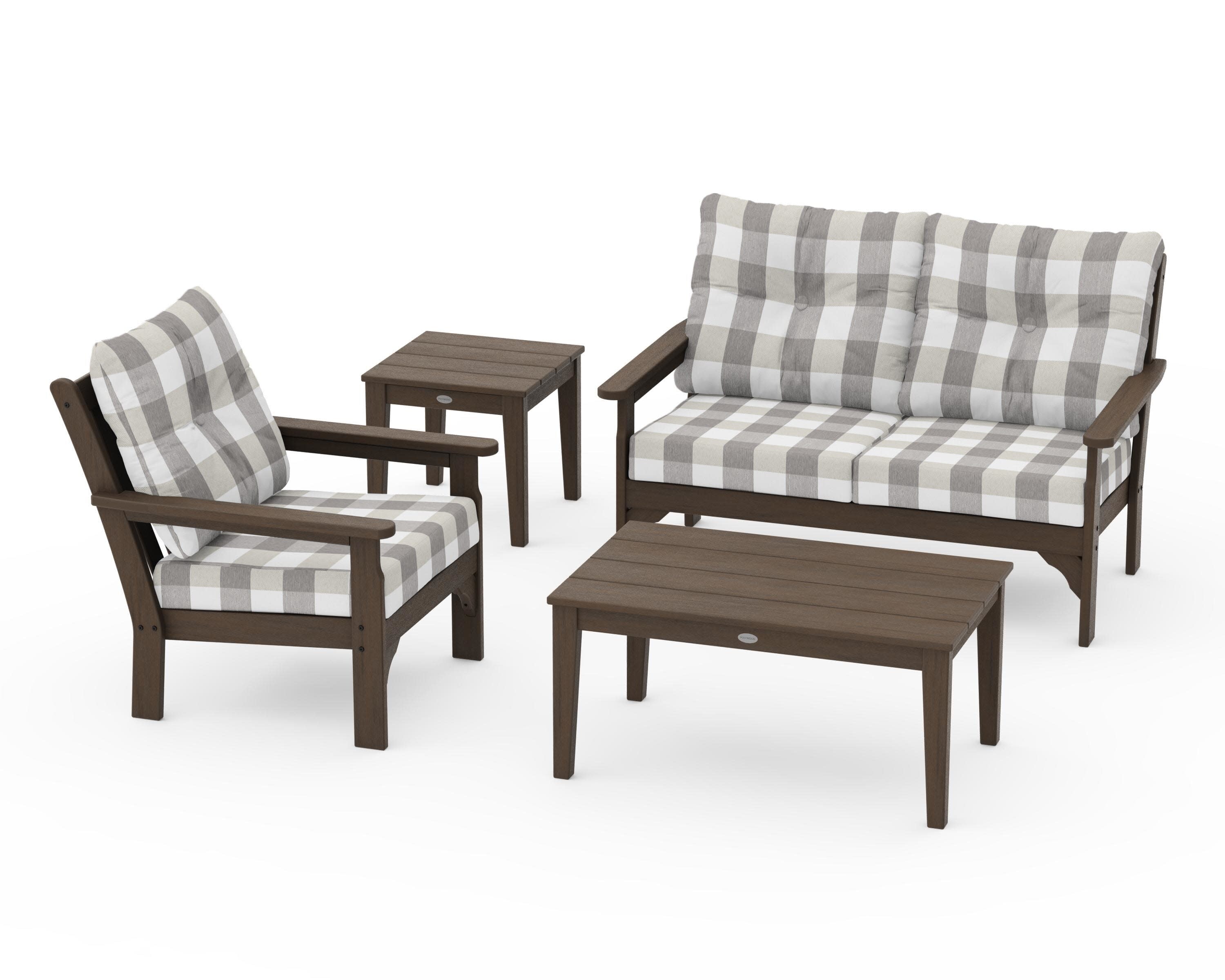 Vineyard 4-Piece Deep Seating Set in Kona / Buffalo Plaid Grey Mist