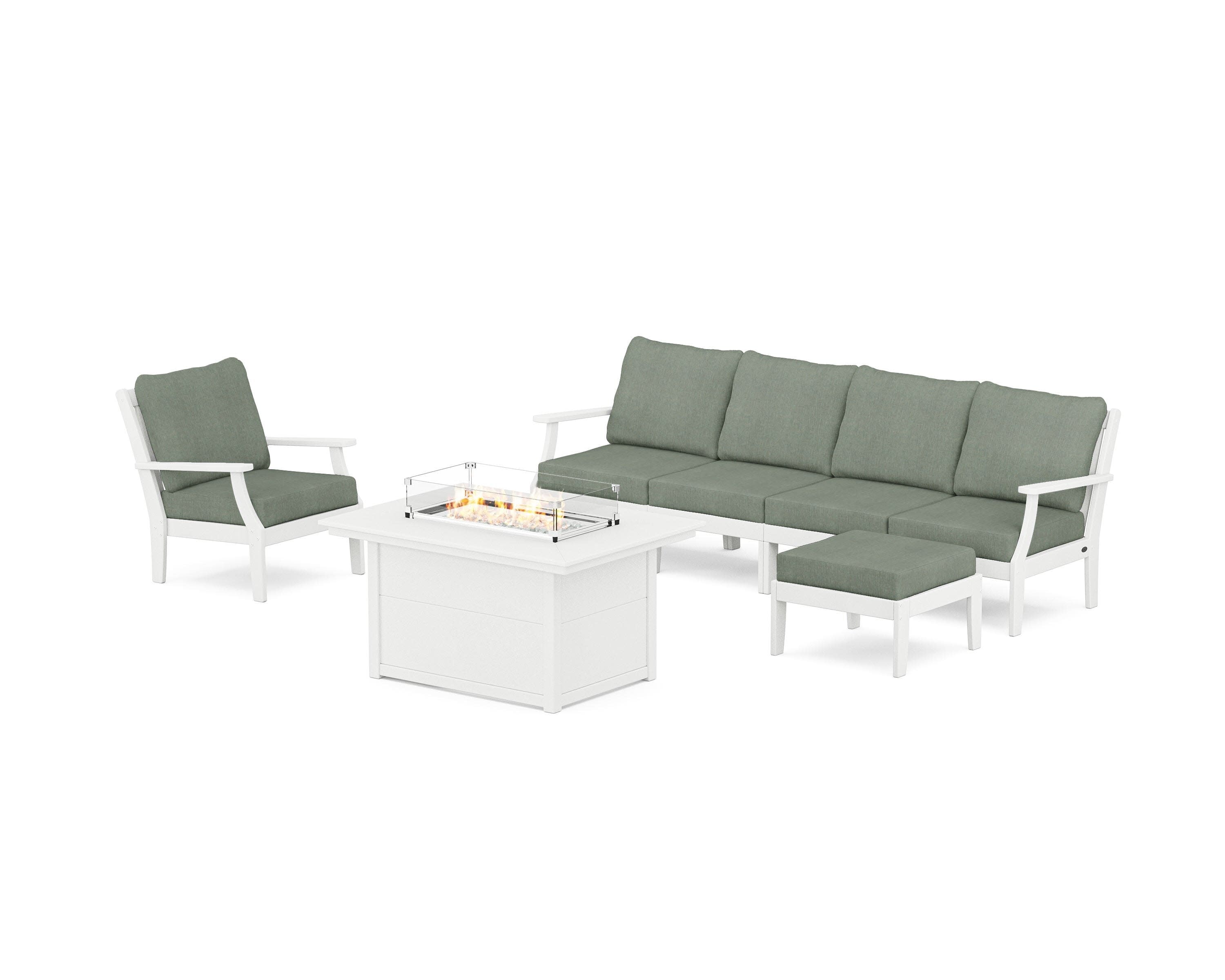 Braxton Sectional Lounge and Fire Pit Set in White / Cast Sage