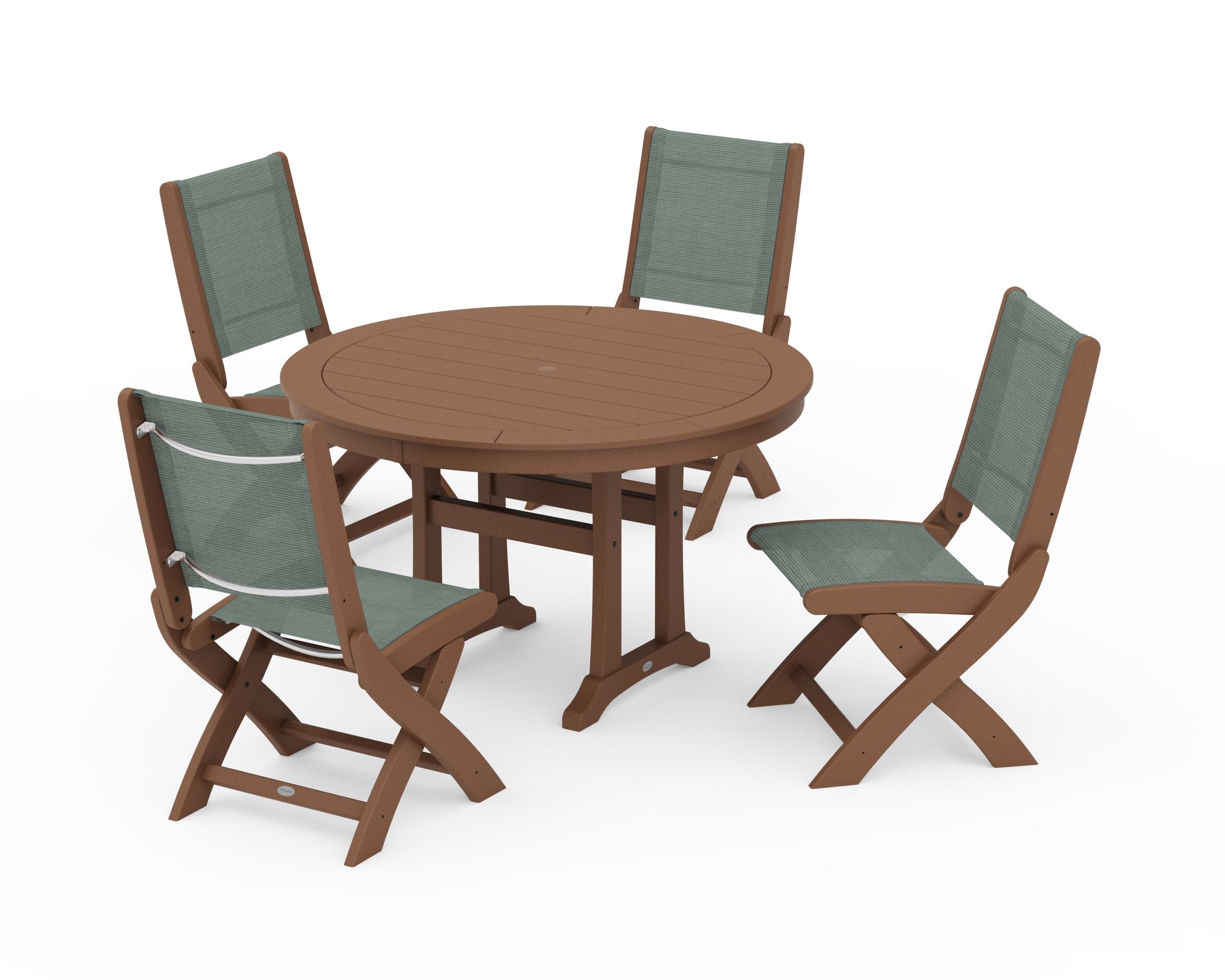 Coastal Folding Side Chair 5-Piece Round Dining Set With Trestle Legs in Teak / Dupioni Sea Mist Sling