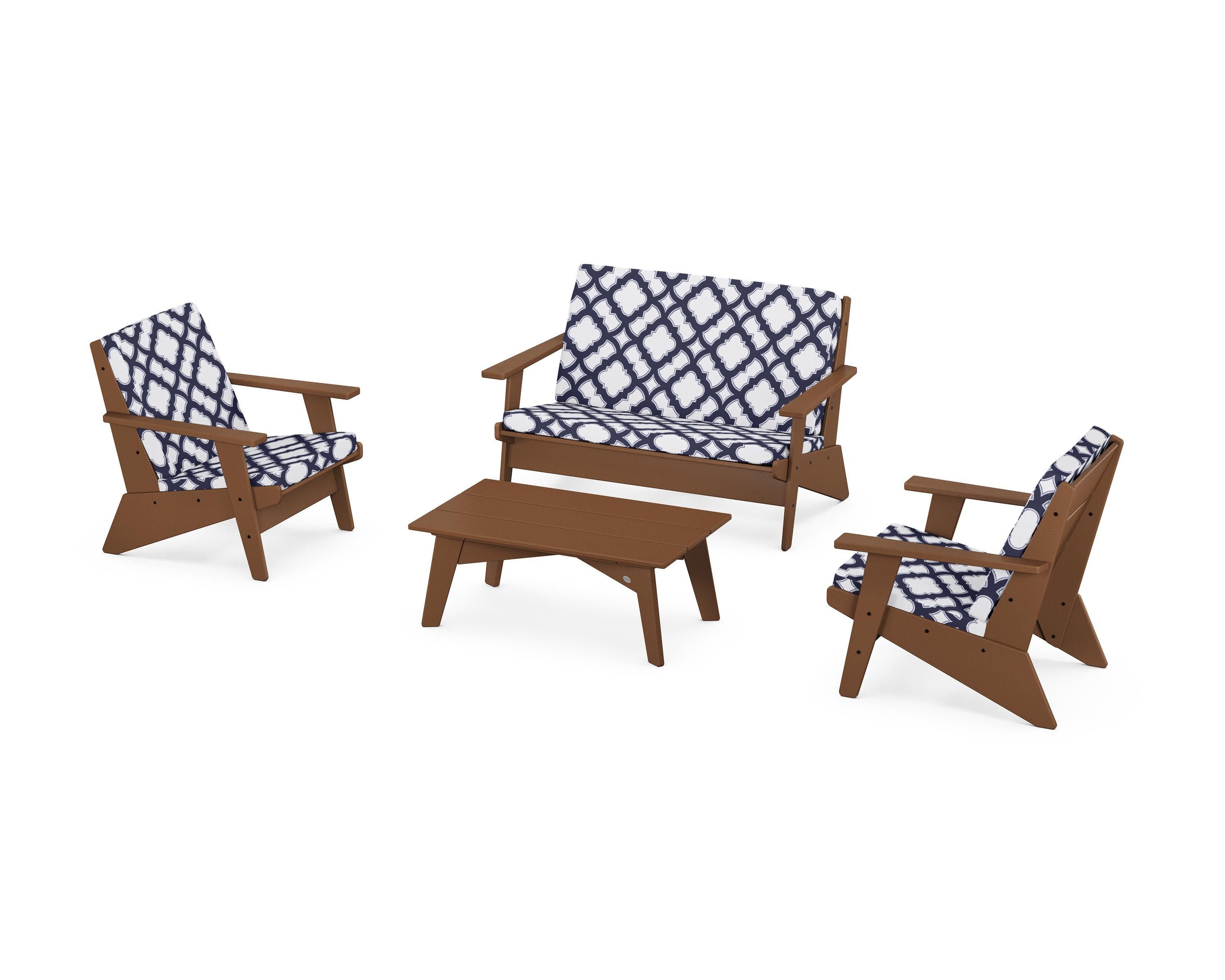 Riviera Modern Lounge 4-Piece Set in Teak / Trellis Navy
