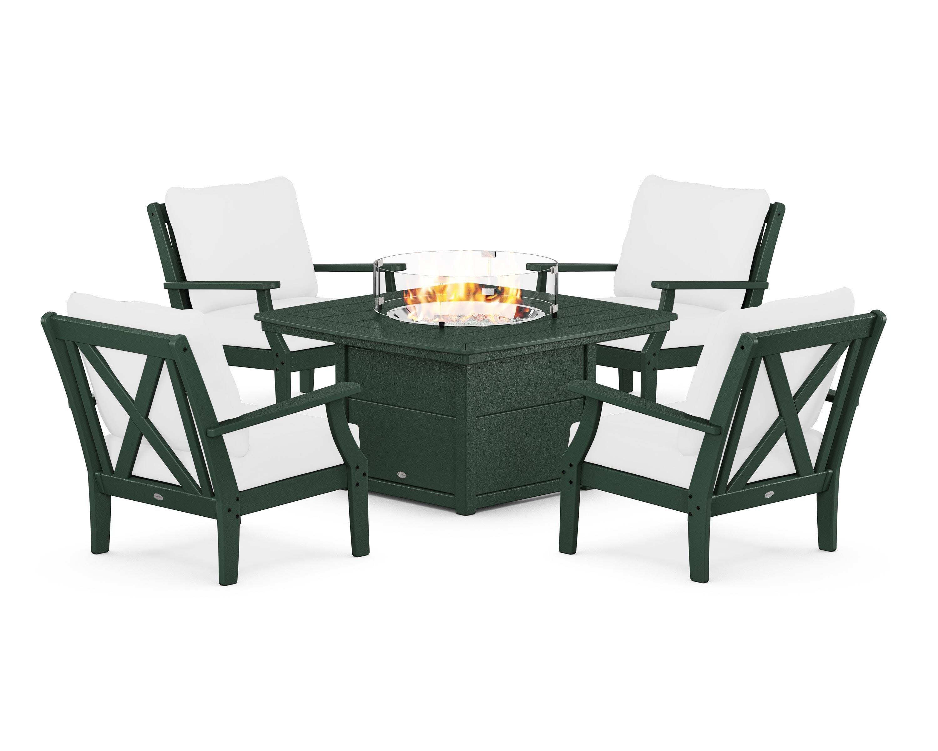 Braxton 5-Piece Deep Seating Conversation Set with Fire Pit Table in Green / Natural