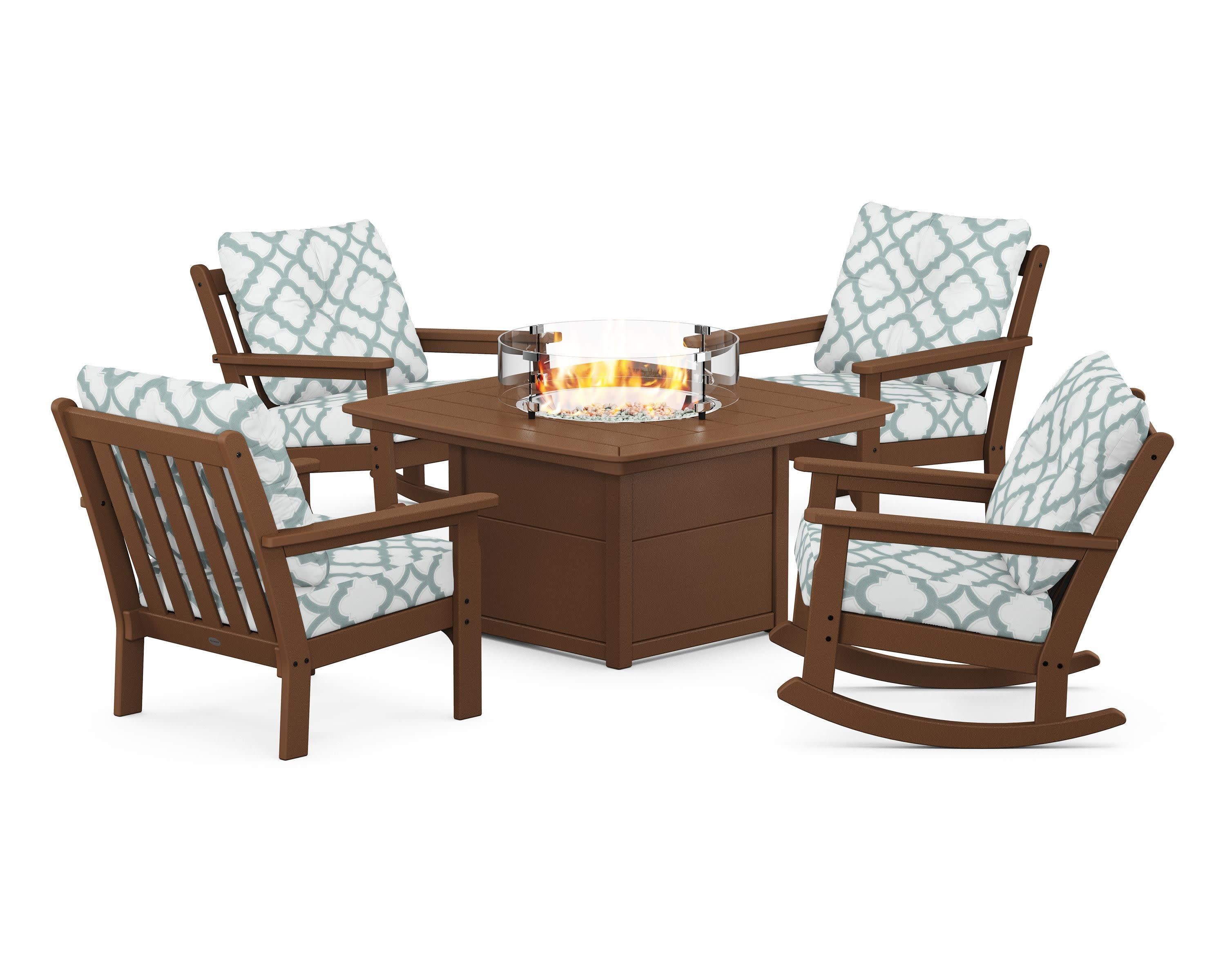 Vineyard 5-Piece Deep Seating Rocking Chair Conversation Set with Fire Pit Table in Teak / Trellis Glacier Spa
