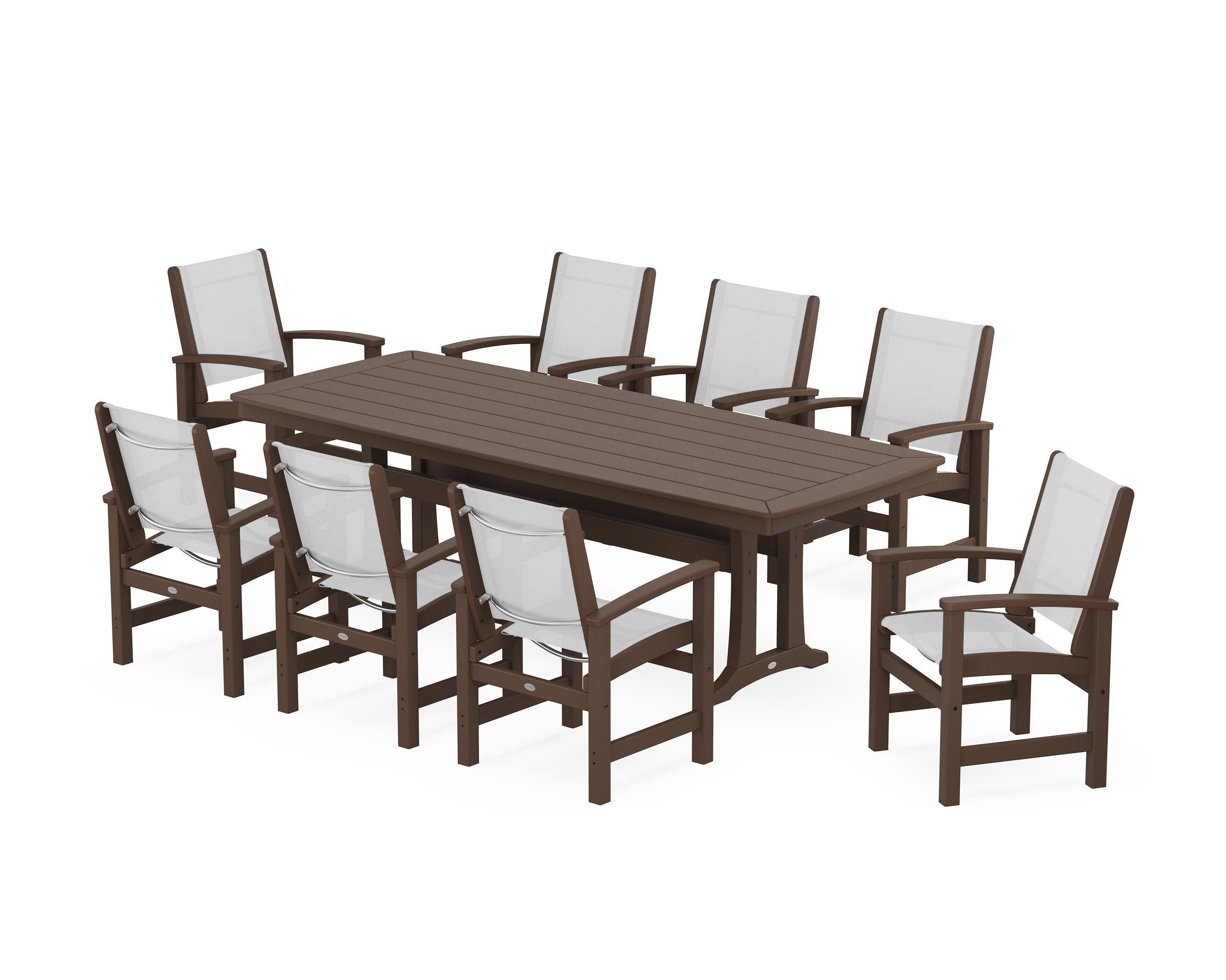 Coastal 9-Piece Dining Set with Trestle Legs in Mahogany / White Sling