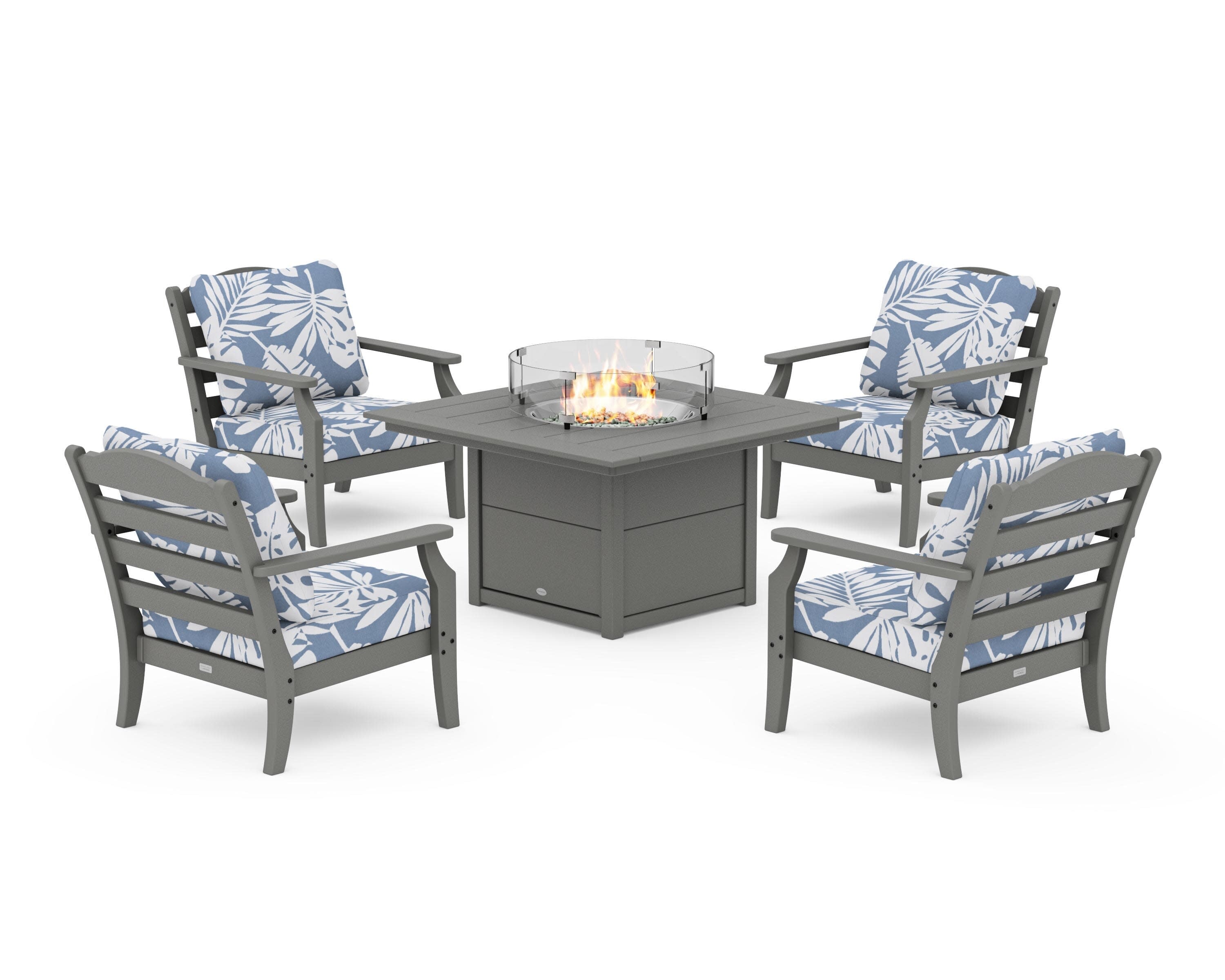 Savannah 5-Piece Deep Seating Set with Fire Pit Table in Slate Grey / Leaf Sky Blue