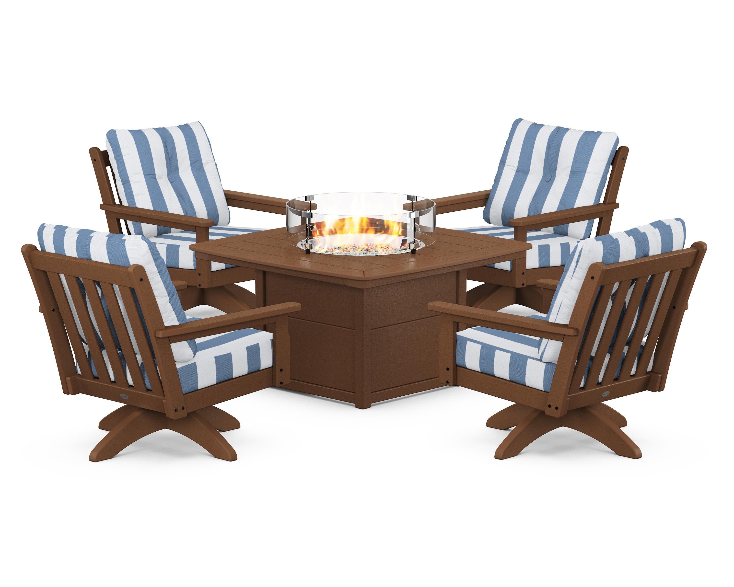 Vineyard 5-Piece Deep Seating Swivel Conversation Set with Fire Pit Table in Teak / Cabana Stripe Sky Blue