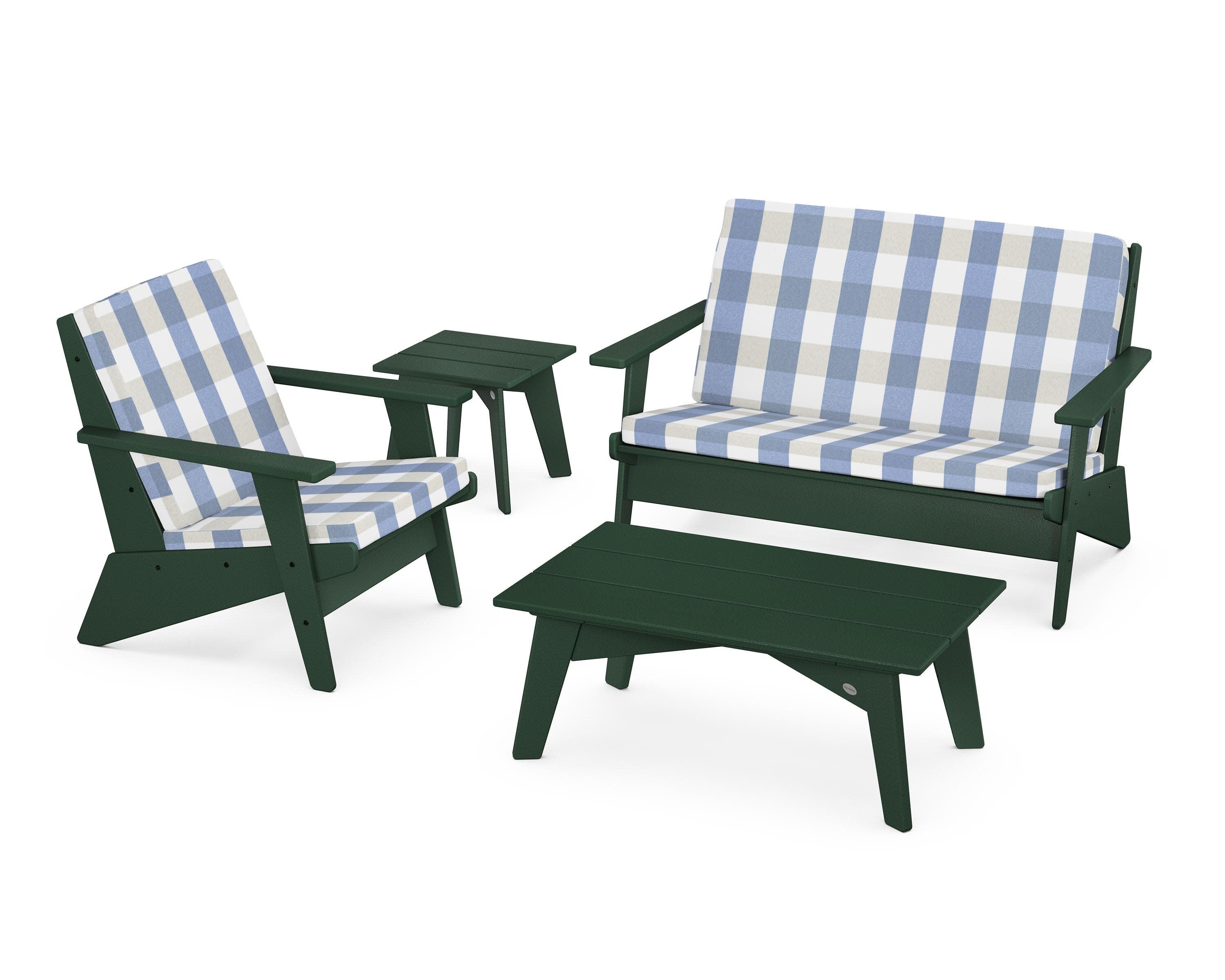 Riviera Modern Lounge 4-Piece Set in Green / Buffalo Plaid Sky Blue