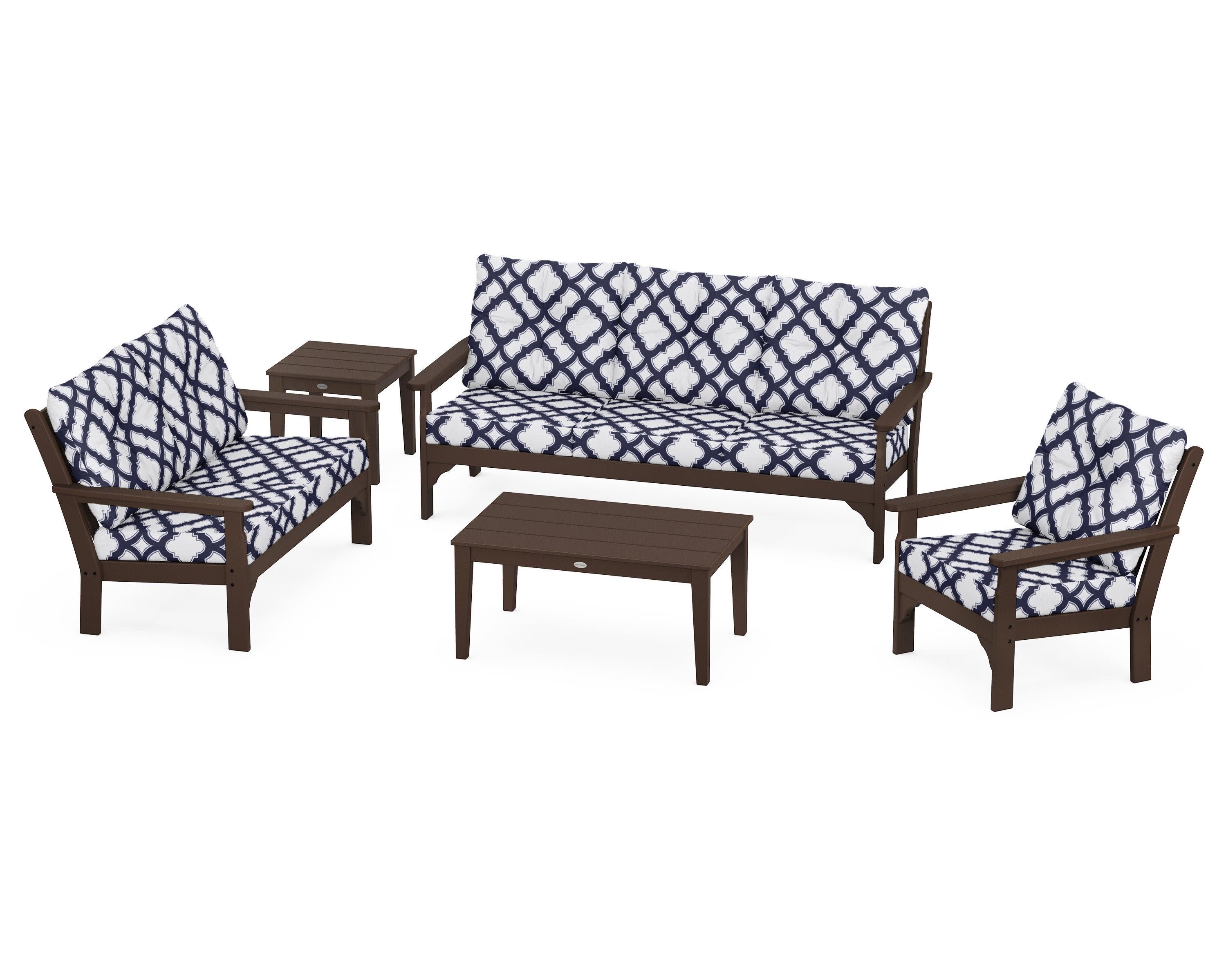 Vineyard 5 Piece Deep Seating Set in Mahogany / Trellis Navy