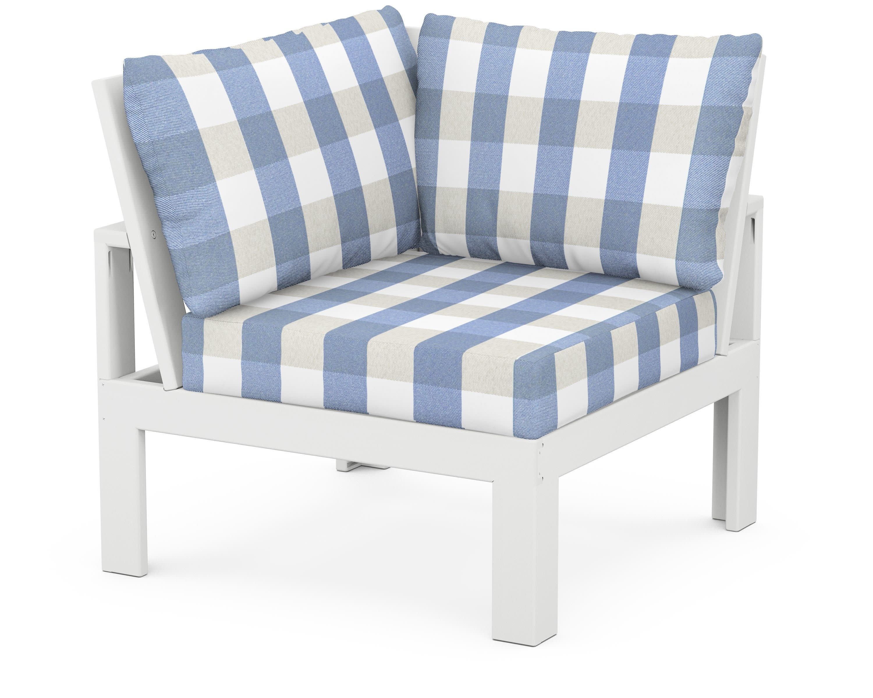 Modular Corner Chair in White / Buffalo Plaid Sky Blue