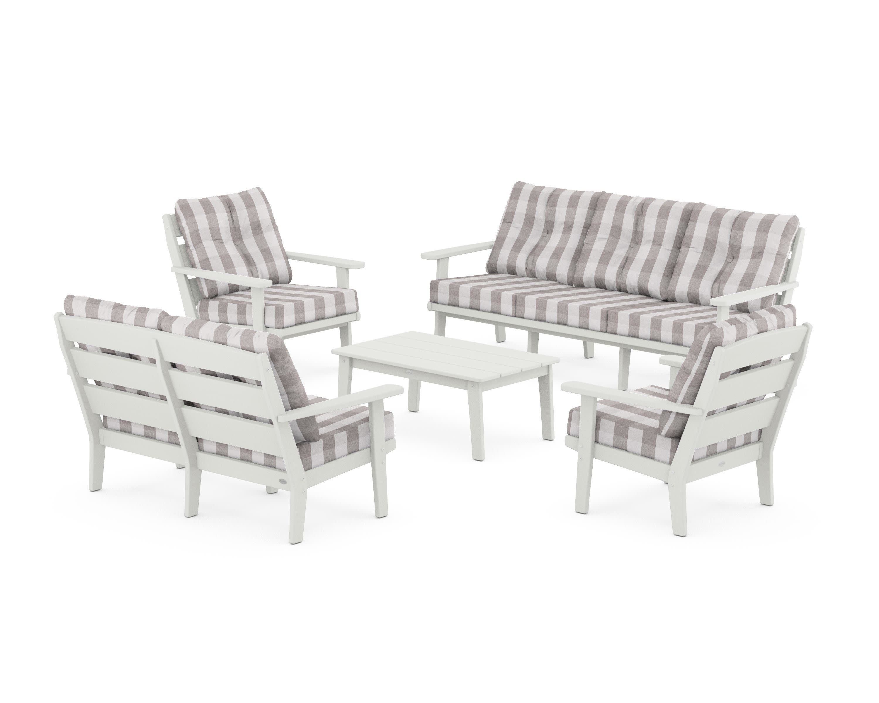 Lakeside 5-Piece Lounge Sofa Set in Vintage White / Buffalo Plaid Grey Mist