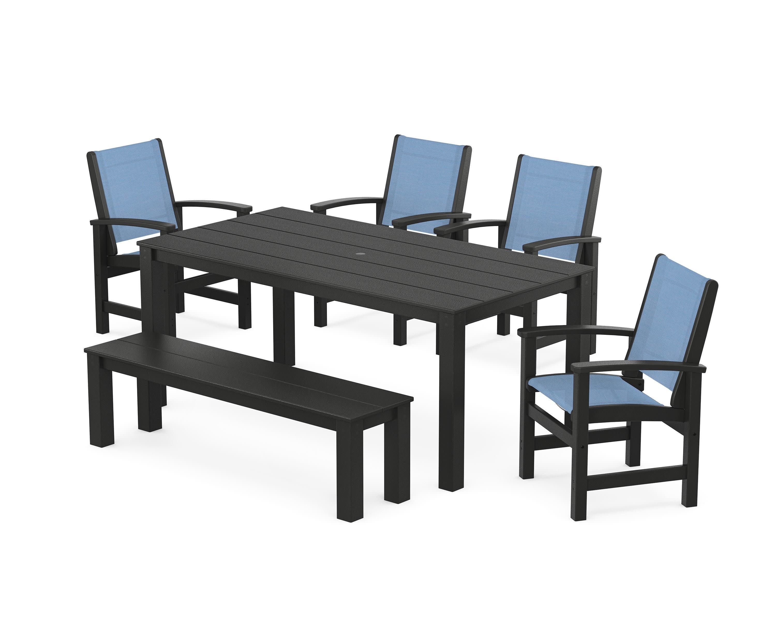 Coastal 6-Piece Parsons Dining Set with Bench in Black / Poolside Sling