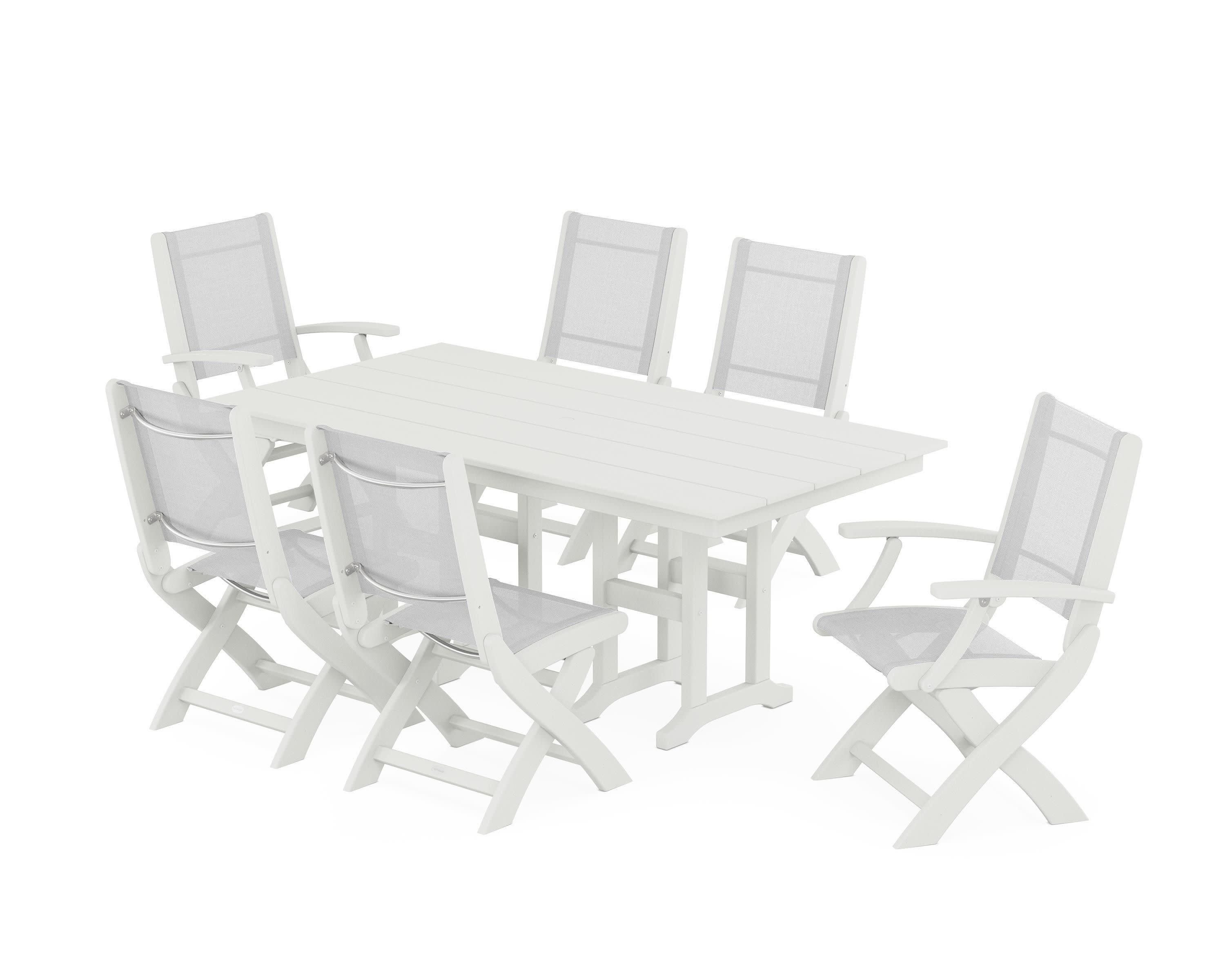 Coastal Folding Chair 7-Piece Farmhouse Dining Set in Vintage White / White Sling