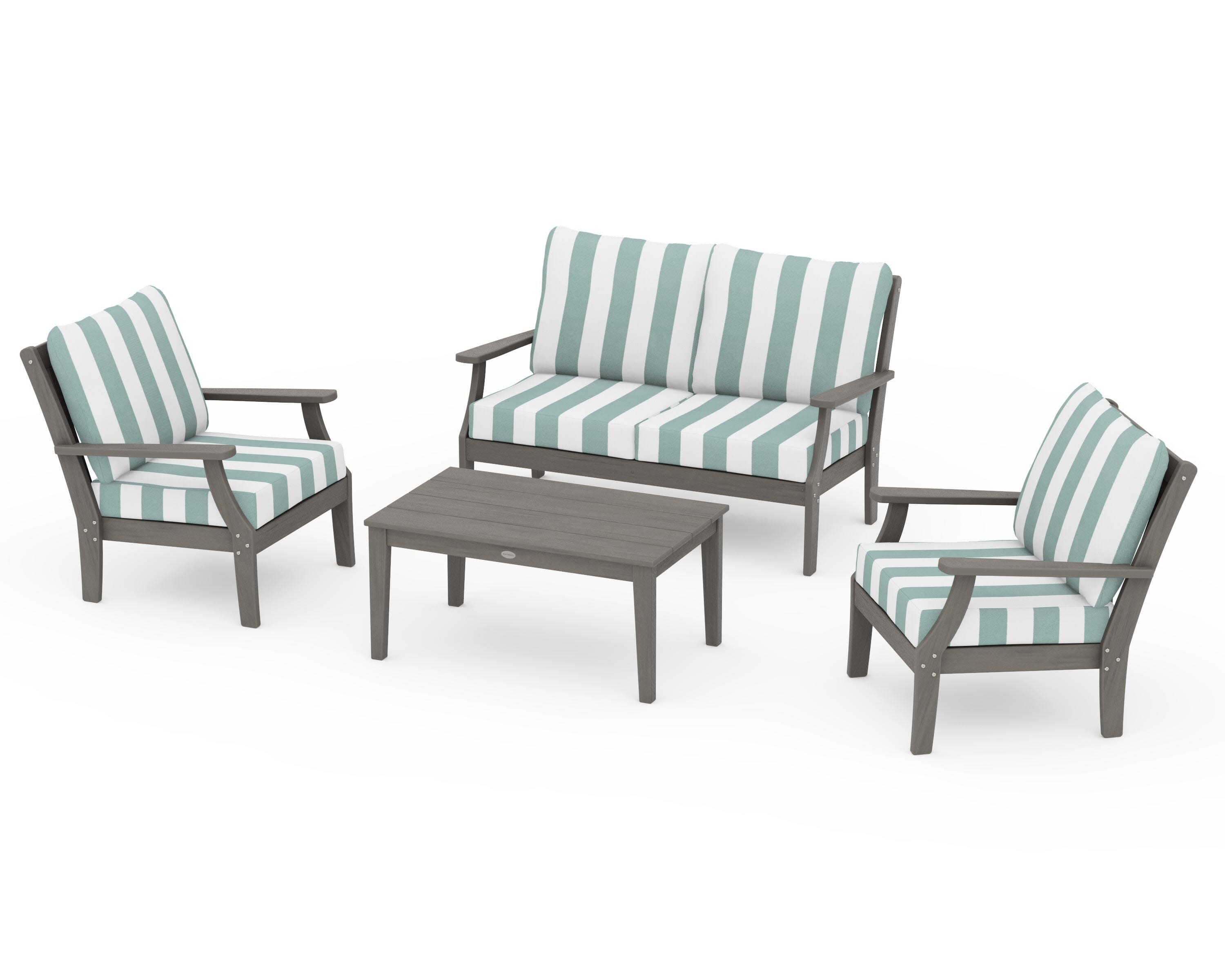 Braxton 4-Piece Deep Seating Chair Set in Driftwood / Cabana Stripe Glacier Spa