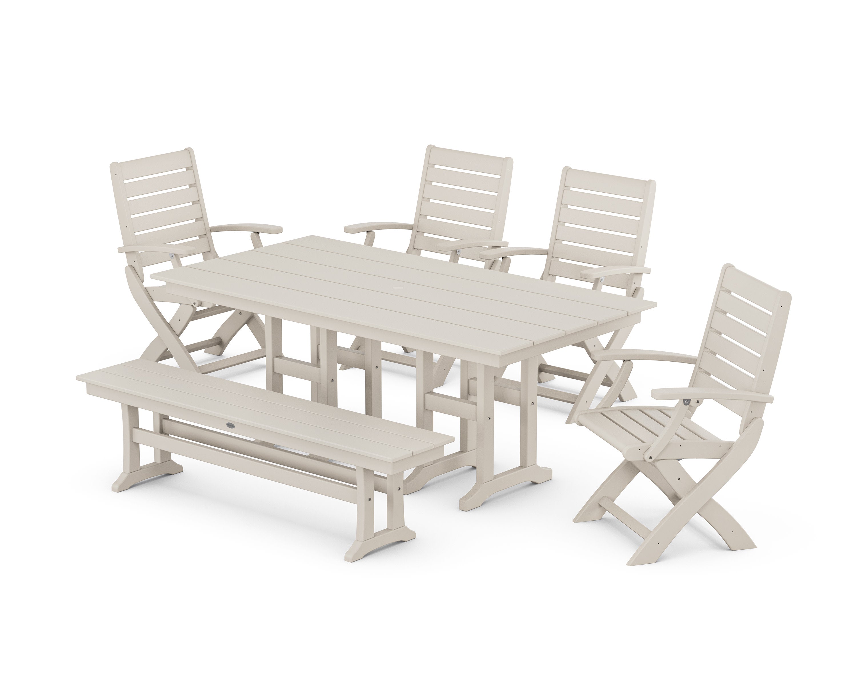 Signature Folding Chair 6-Piece Farmhouse Dining Set with Bench in Sand