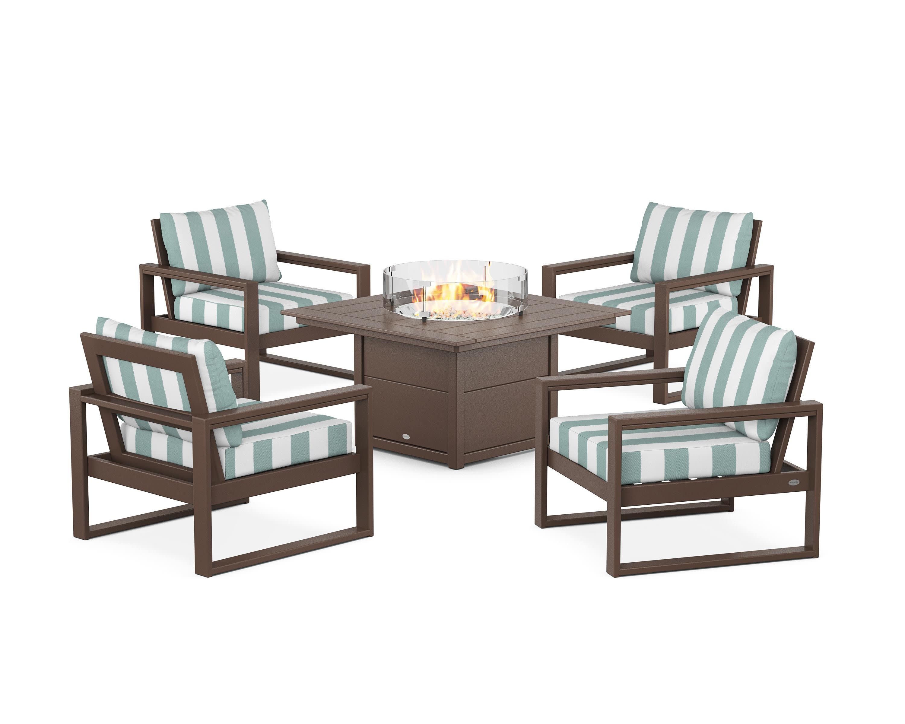 EDGE Sectional 5-Piece Deep Seating Set with Fire Pit Table in Mahogany / Cabana Stripe Glacier Spa