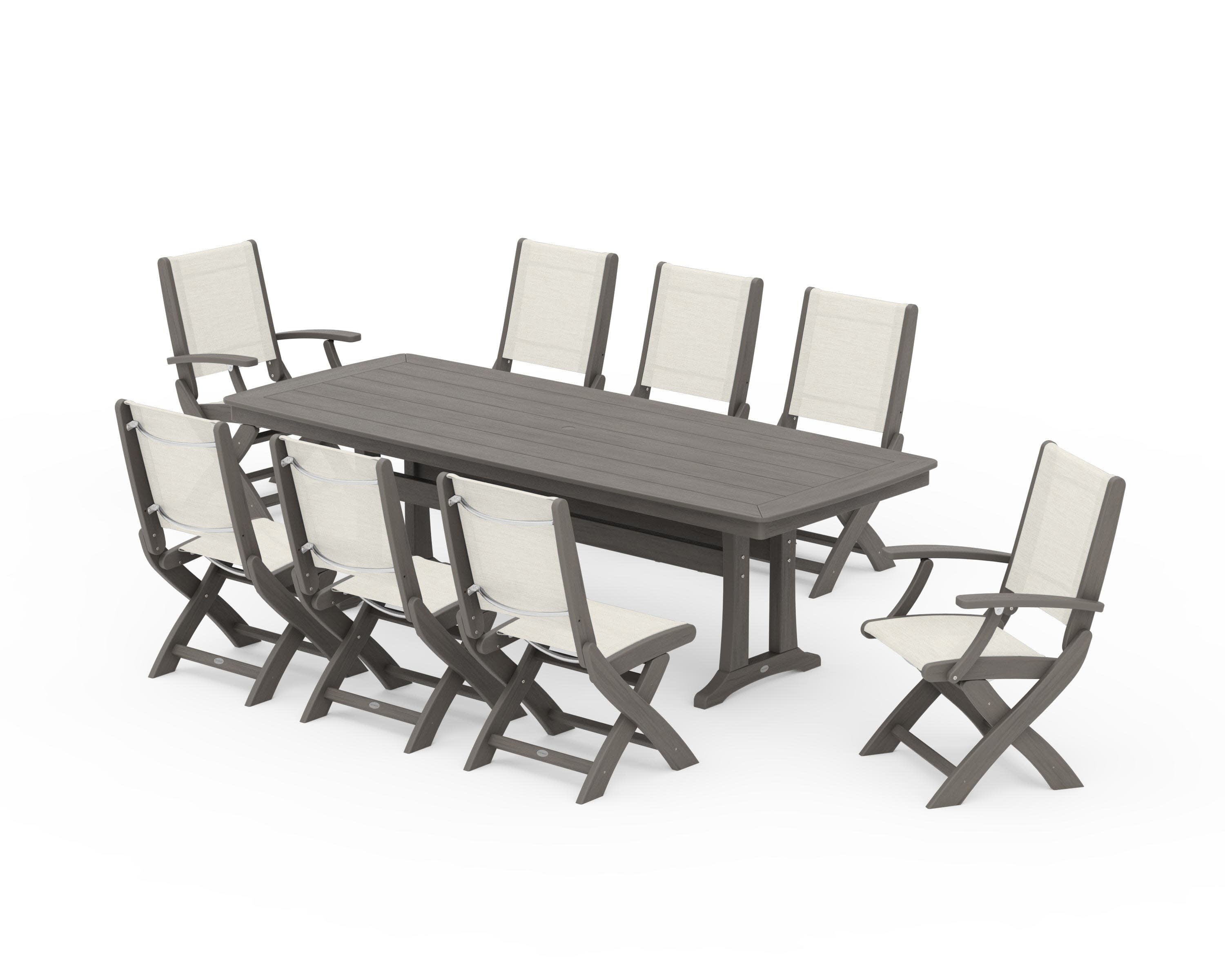 Coastal Folding 9-Piece Dining Set with Trestle Legs in Driftwood / Parchment Sling