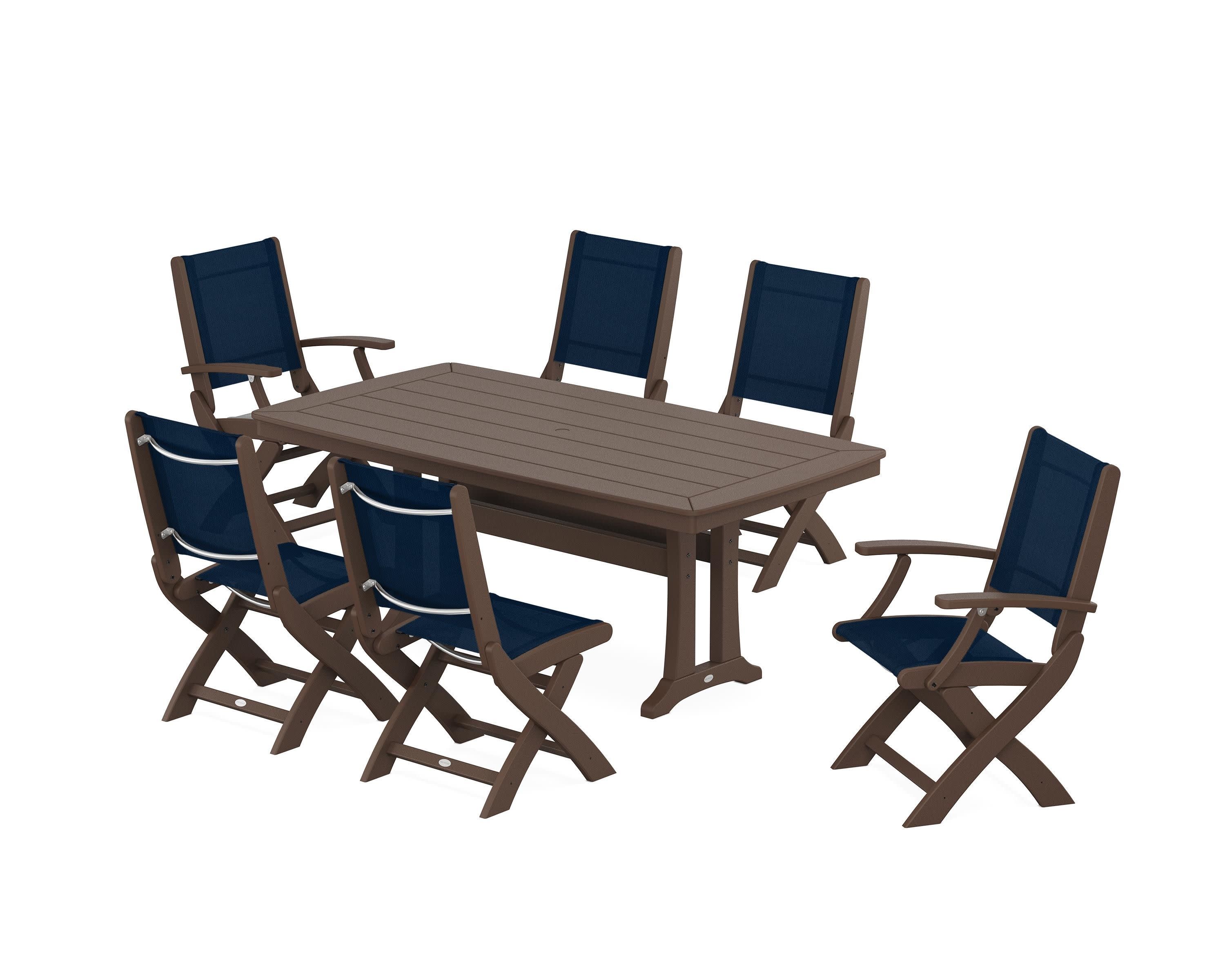 Coastal Folding Chair 7-Piece Dining Set with Trestle Legs in Mahogany / Navy Blue Sling