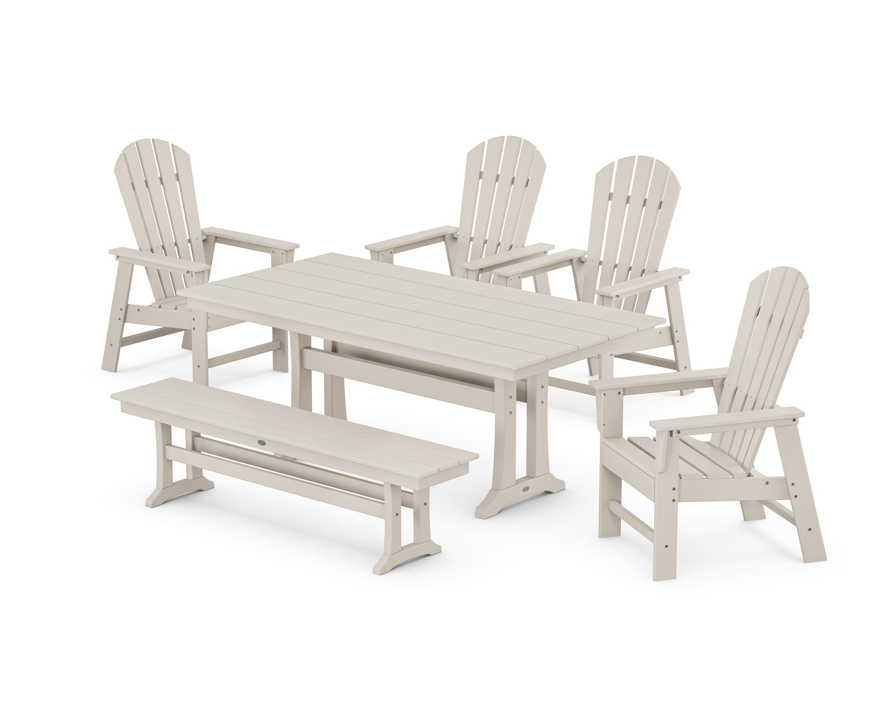 South Beach 6-Piece Farmhouse Dining Set with Trestle Legs and Bench in Sand