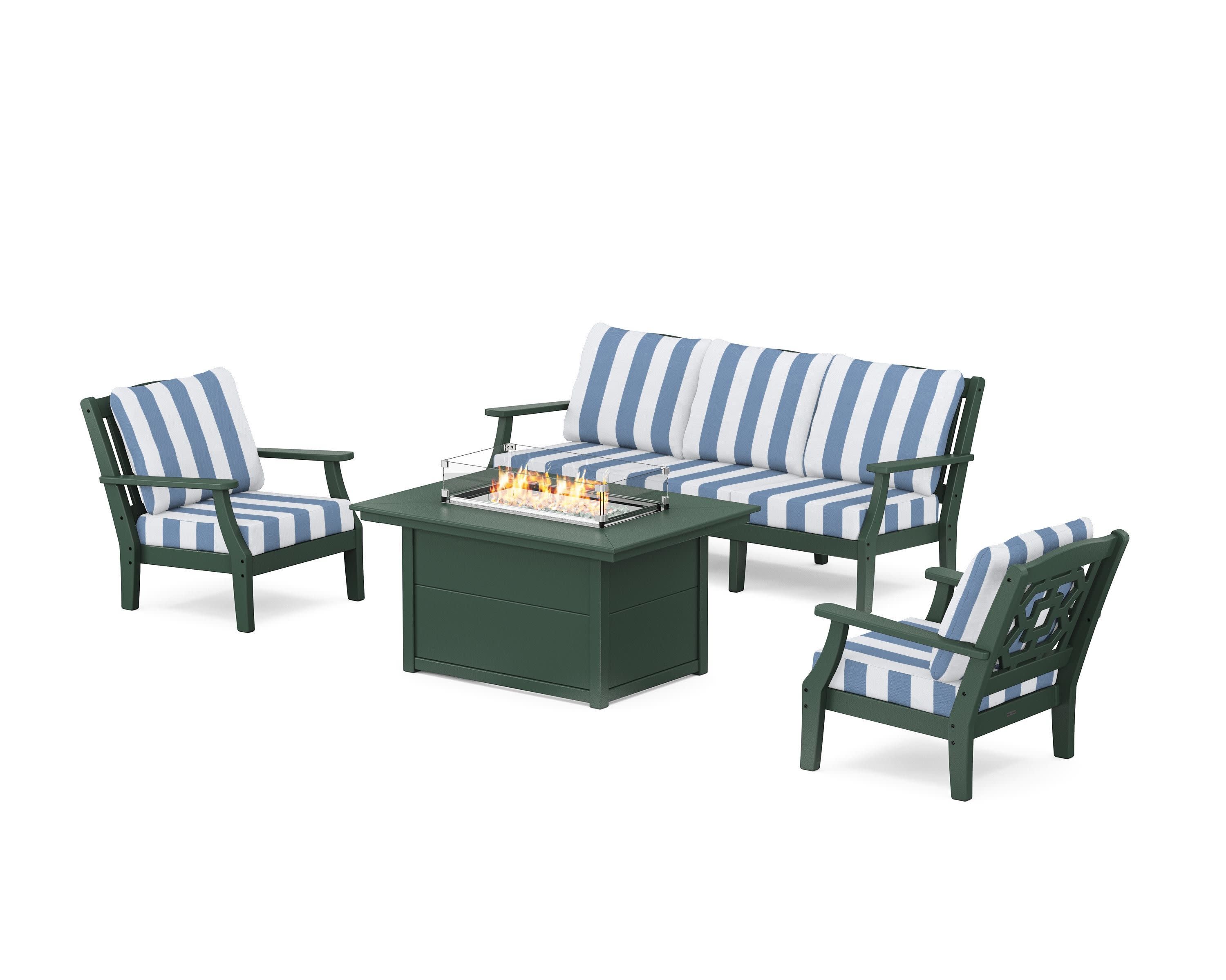 Chinoiserie Deep Seating Fire Pit Table Set in Green / Cabana Stripe Sky Blue