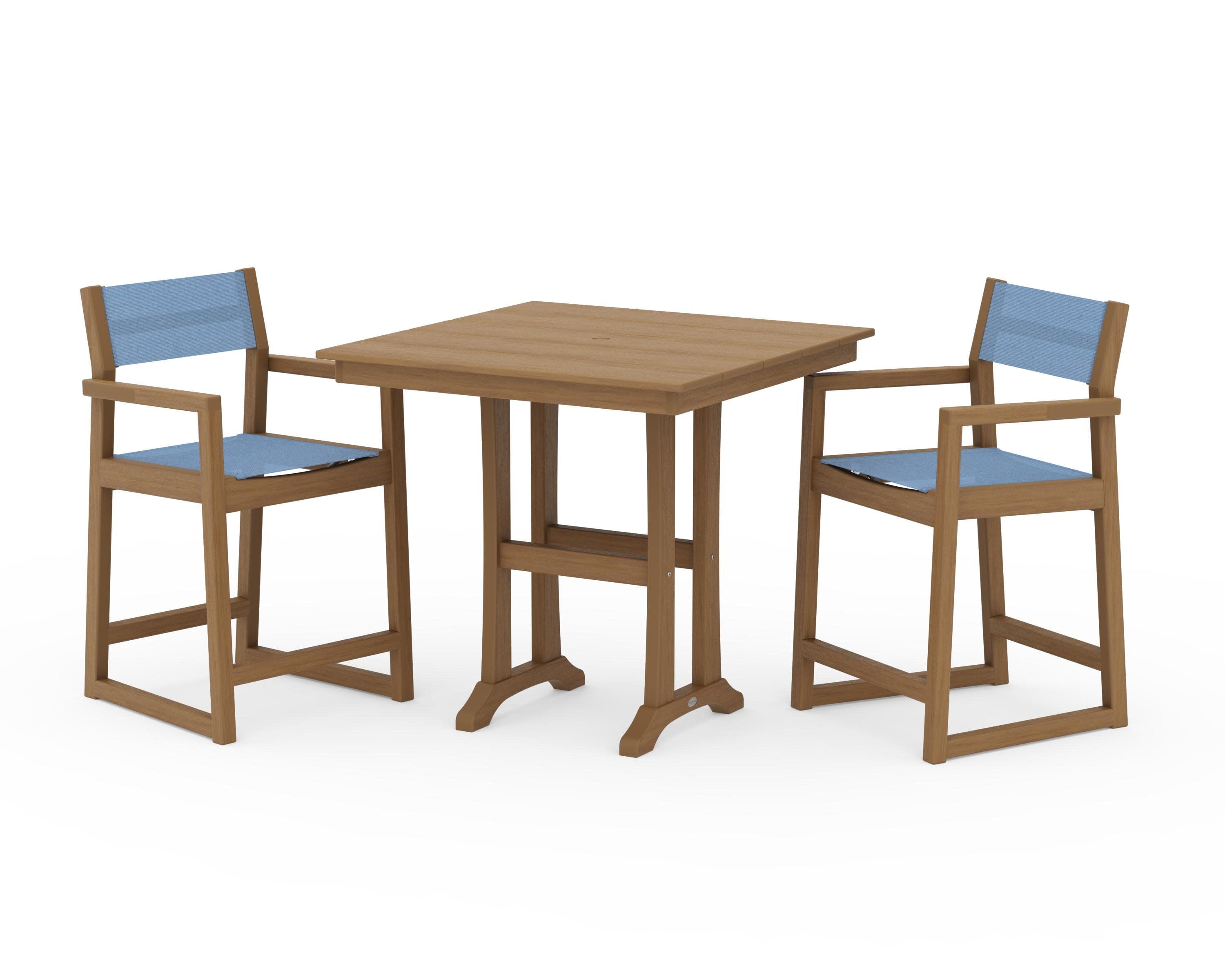 EDGE Sling Arm Chair 3-Piece Farmhouse Counter Set with Trestle Legs in Natural / Poolside Sling