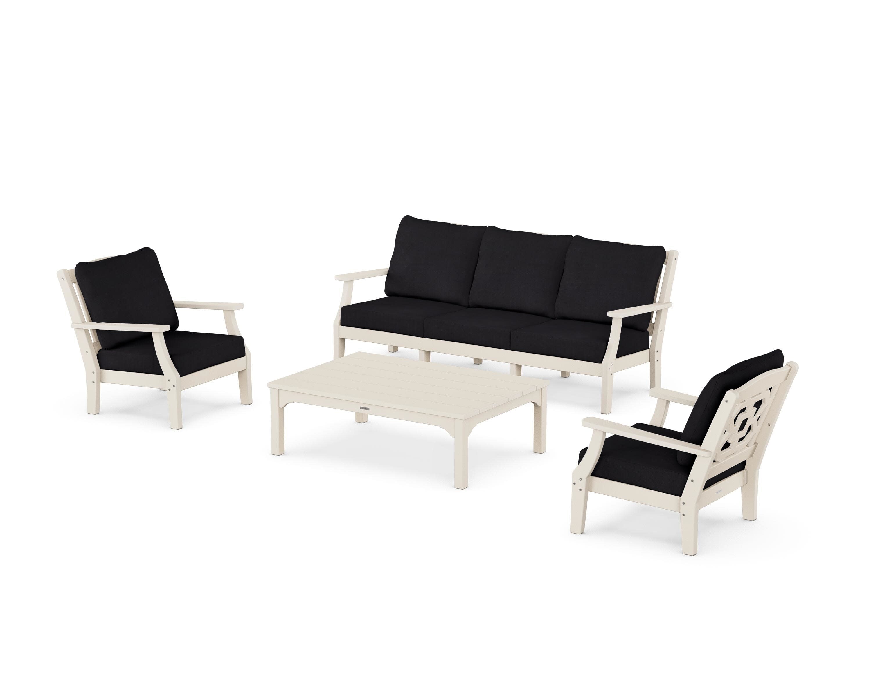 Chinoiserie 4-Piece Deep Seating Set with Sofa in Sand / Midnight Linen