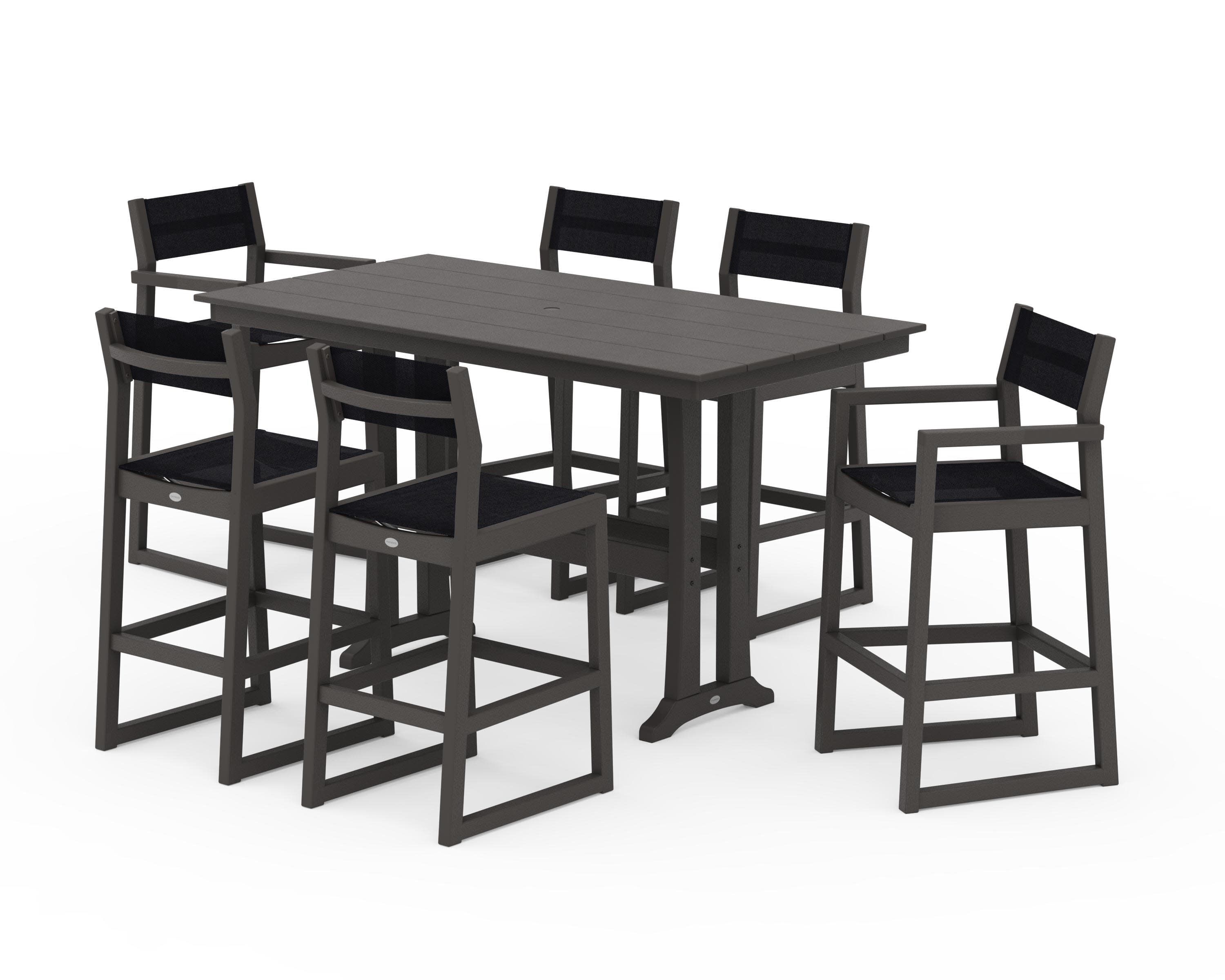 EDGE Sling 7-Piece Farmhouse Bar Set with Trestle Legs in Vintage Coffee / Black Sling