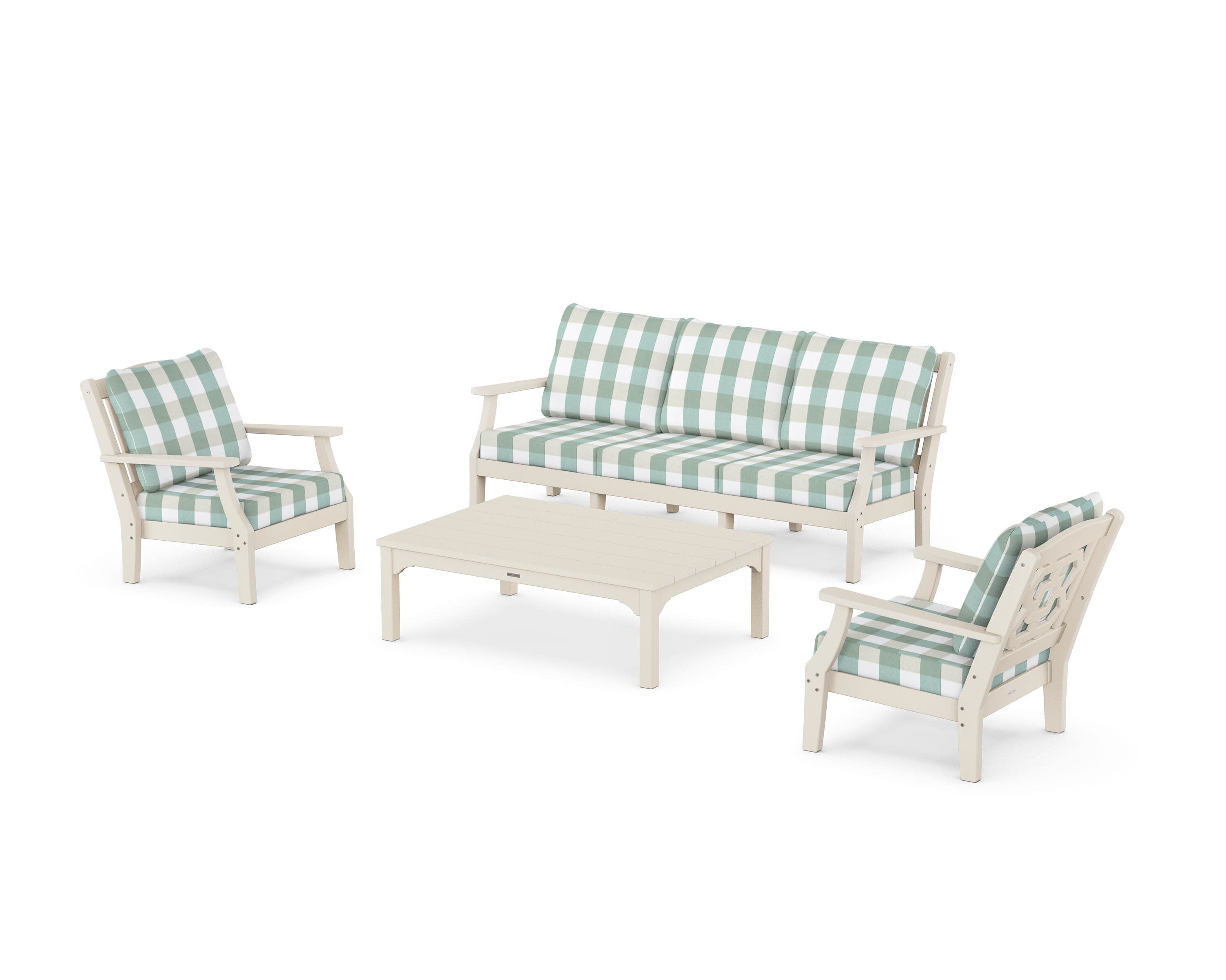 Chinoiserie 4-Piece Deep Seating Set with Sofa in Sand / Buffalo Plaid Glacier Spa