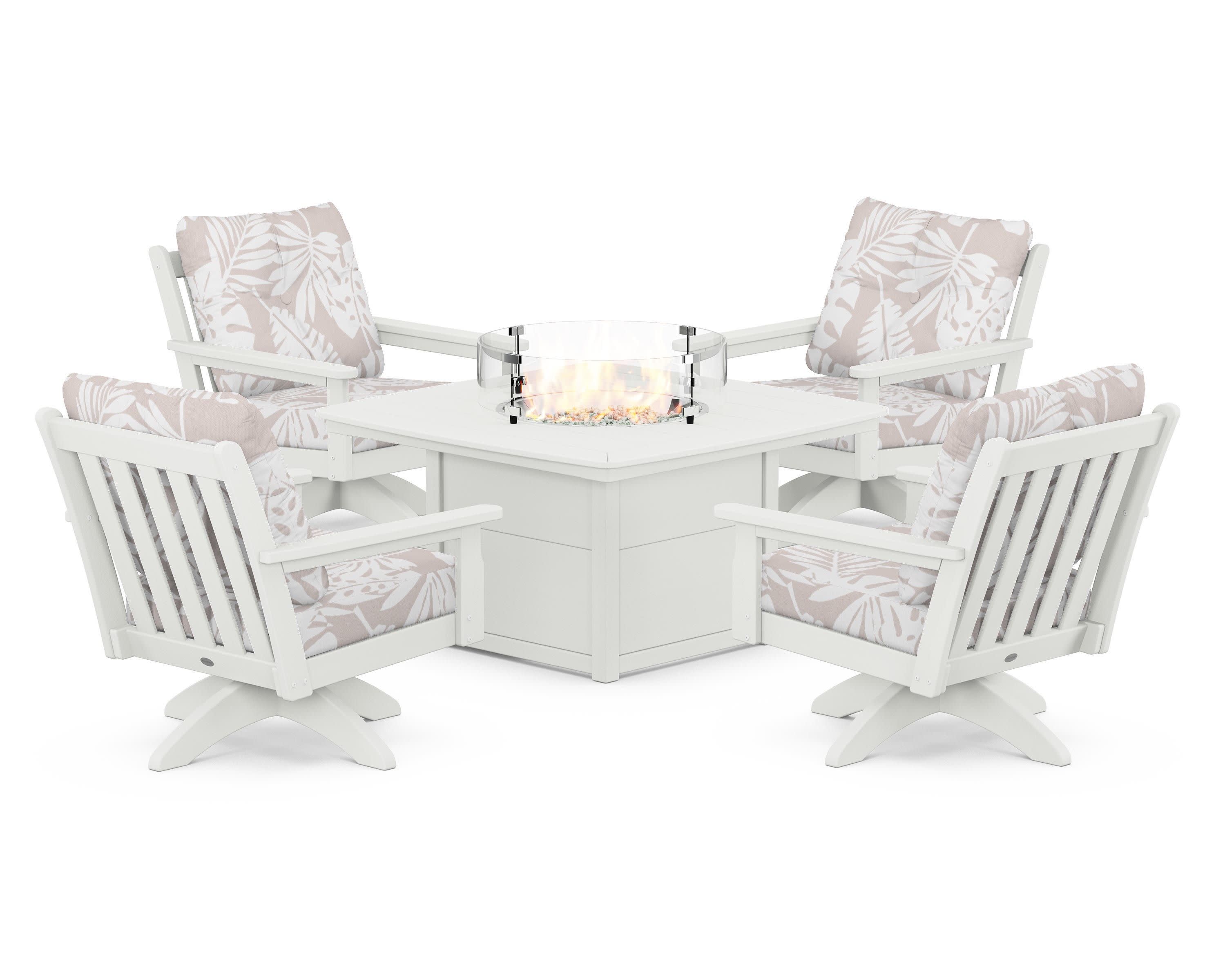 Vineyard 5-Piece Deep Seating Swivel Conversation Set with Fire Pit Table in Vintage White / Leaf Dune Burlap