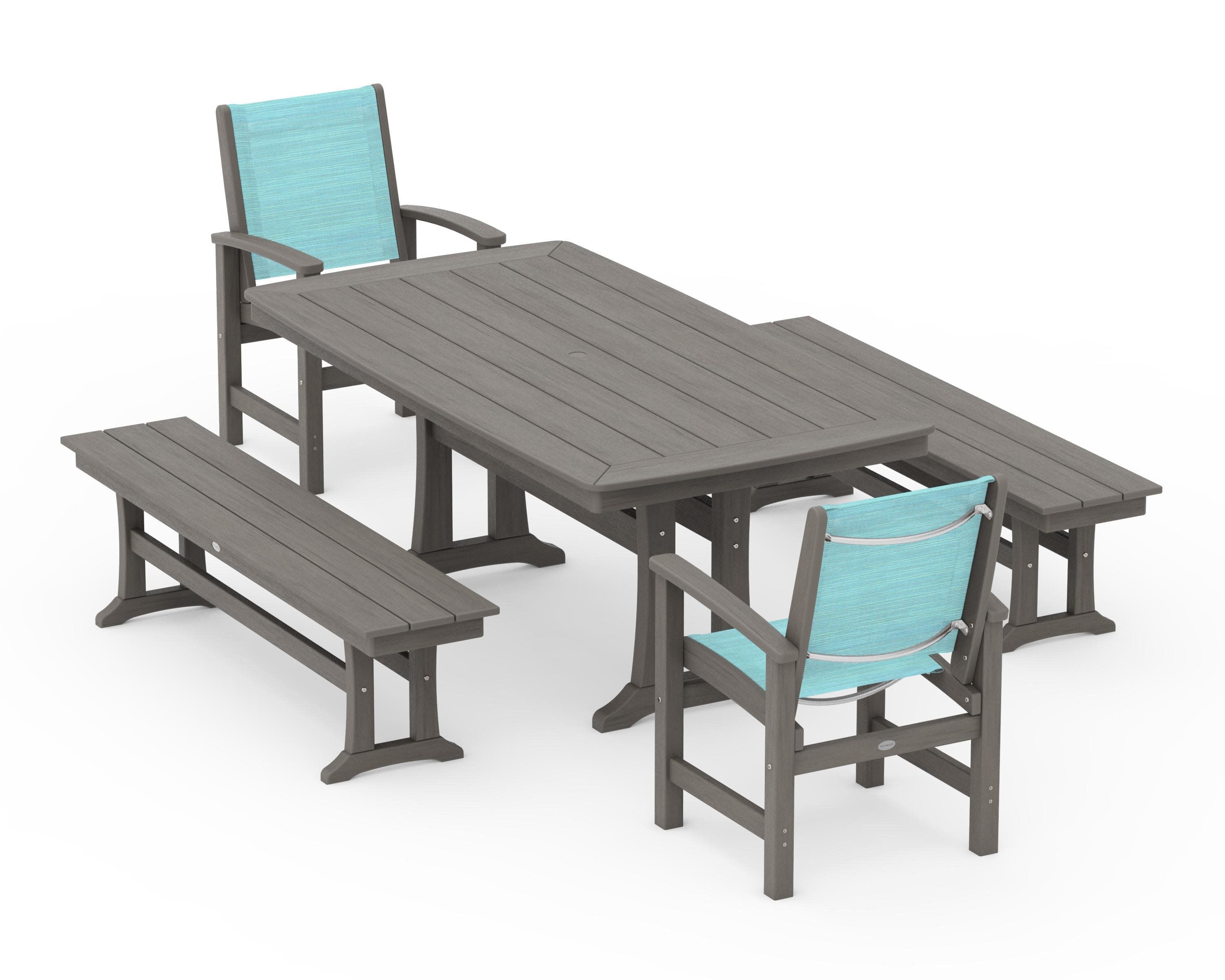 Coastal 5-Piece Dining Set with Trestle Legs and Benches in Driftwood / Dupioni Aquamarine Sling