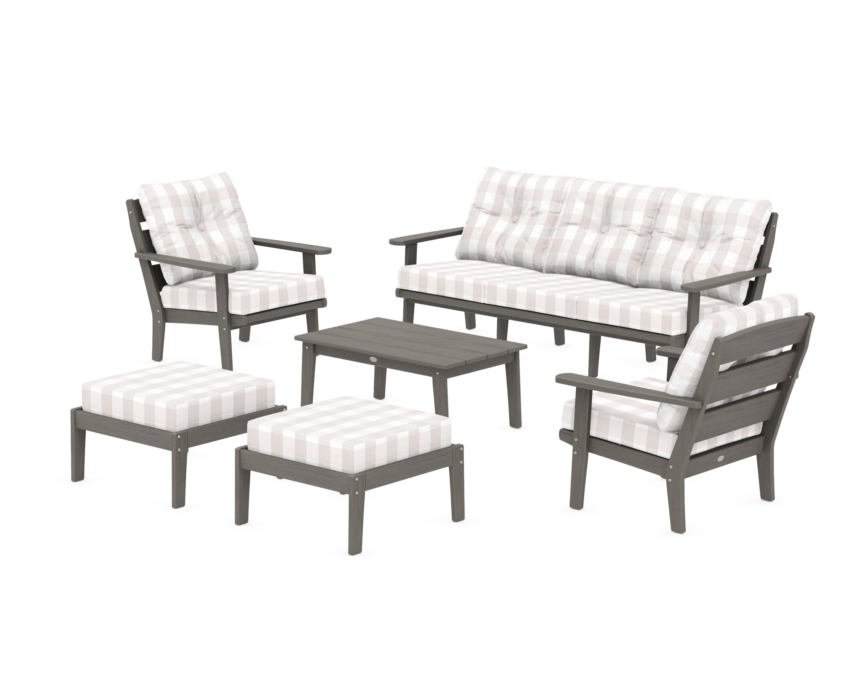 Lakeside 6-Piece Lounge Sofa Set in Driftwood / Buffalo Plaid Dune Burlap