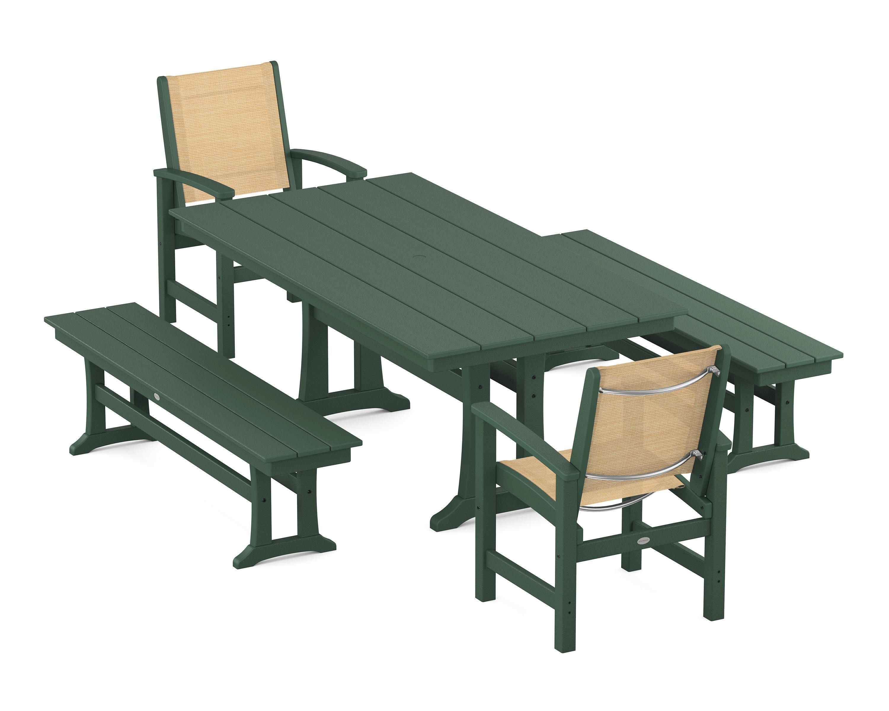 Coastal 5-Piece Farmhouse Dining Set with Trestle Legs and Benches in Green / Dupioni Apricot Sling