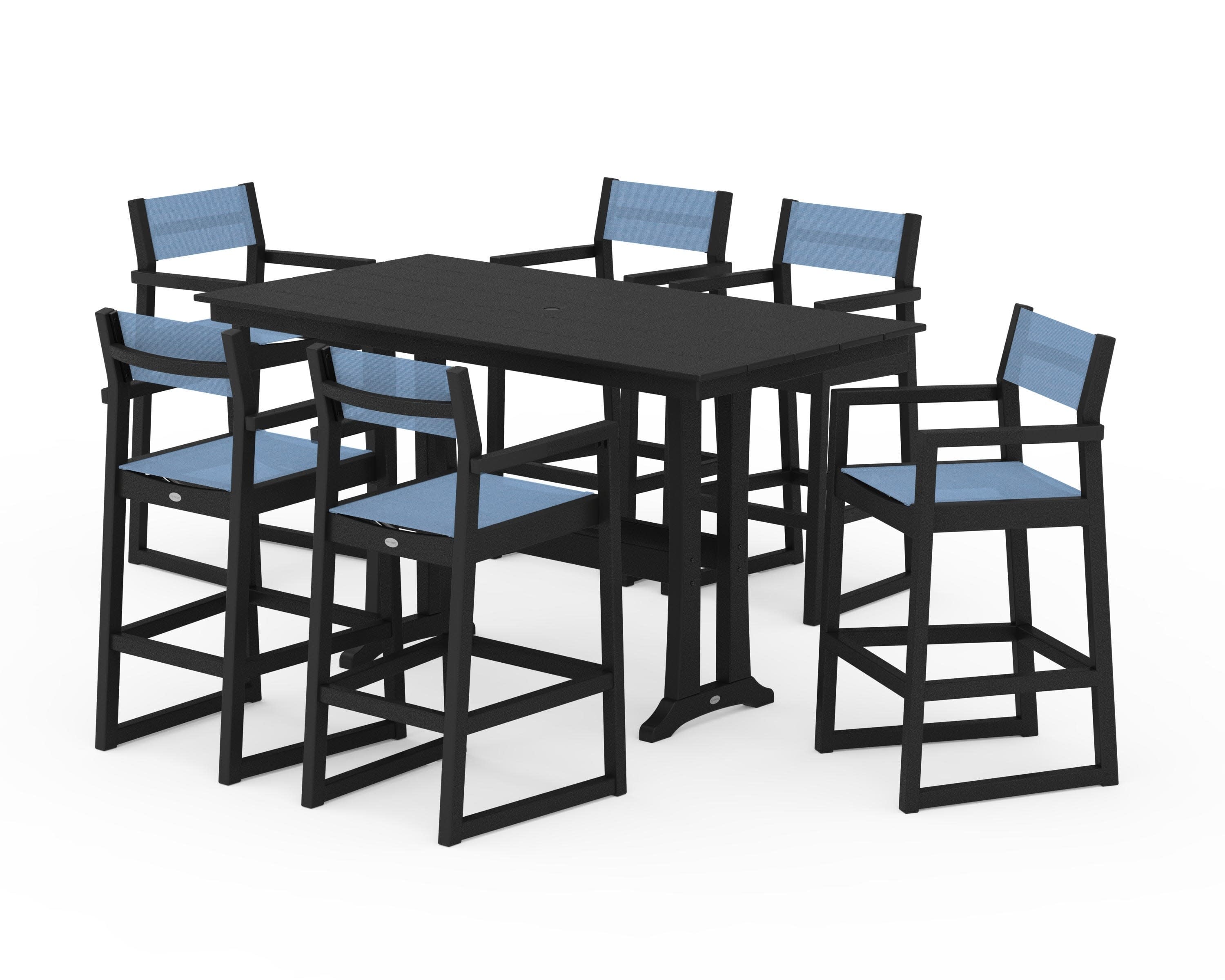 EDGE Sling Arm Chair 7-Piece Farmhouse Bar Set with Trestle Legs in Black / Poolside Sling