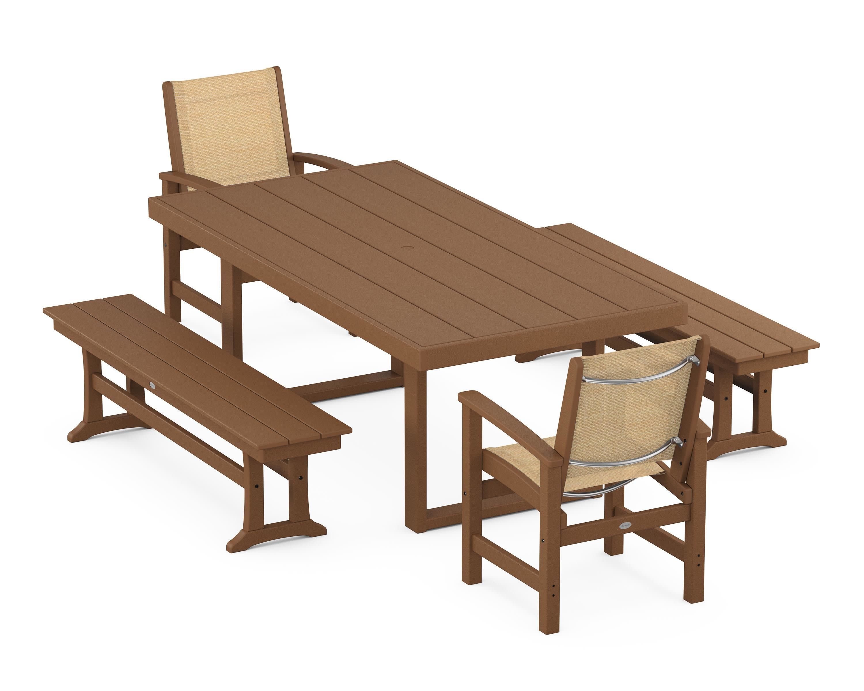 Coastal 5-Piece Dining Set with Trestle Legs in Teak / Dupioni Apricot Sling