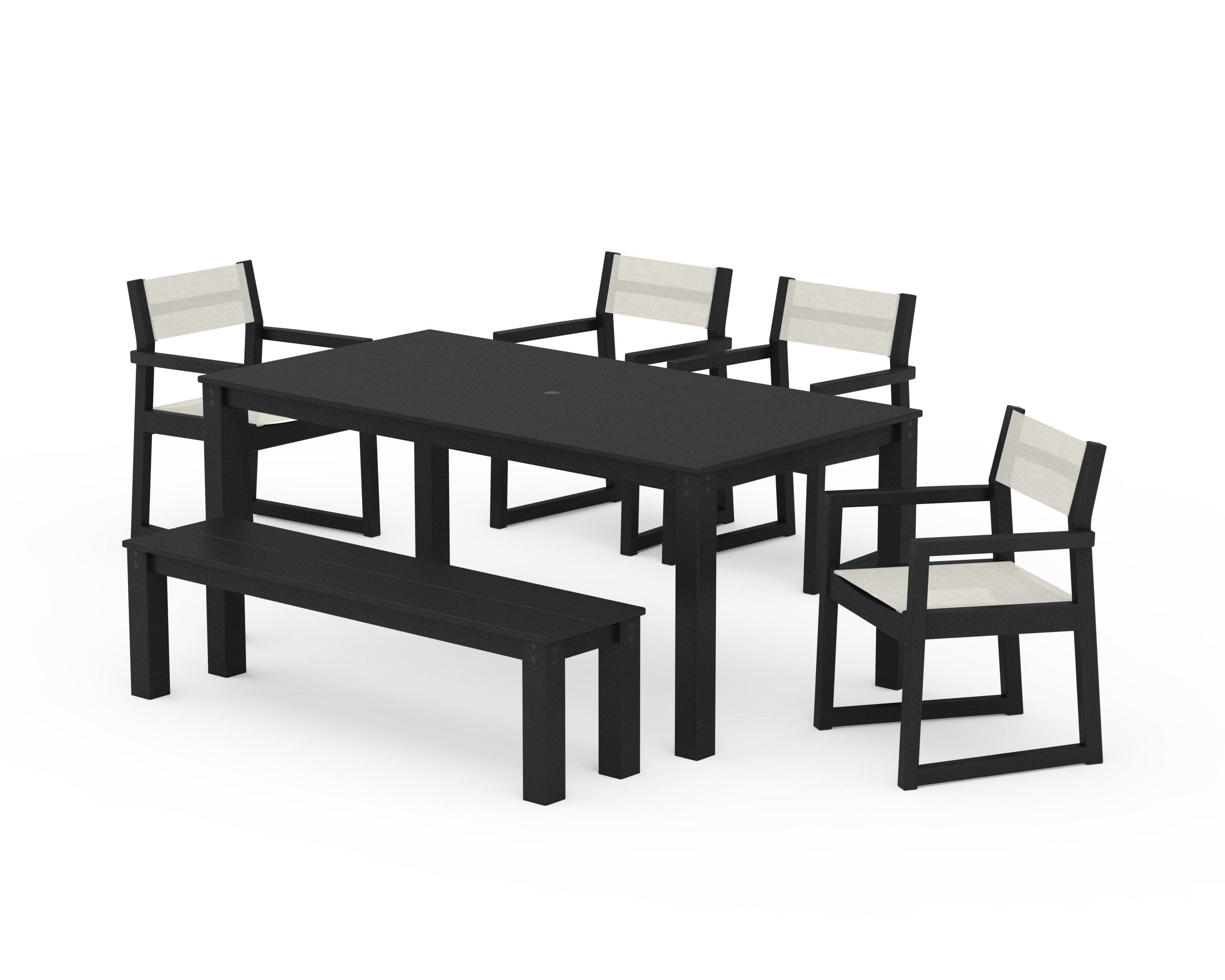 EDGE Sling Arm Chair 6-Piece Parsons Dining Set with Bench in Black / Parchment Sling