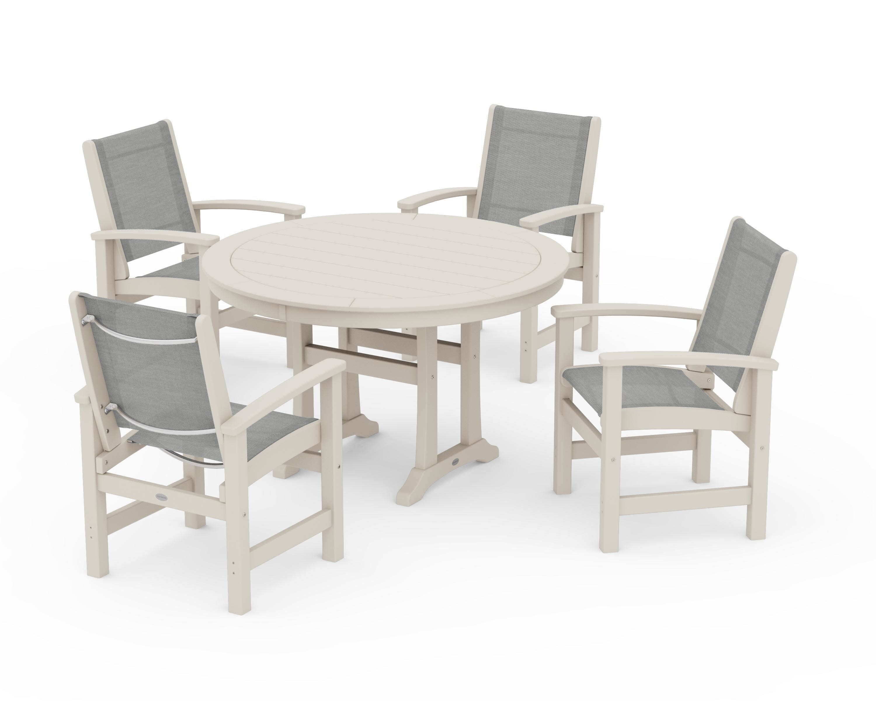 Coastal 5-Piece Round Dining Set with Trestle Legs in Sand / Metallic Sling