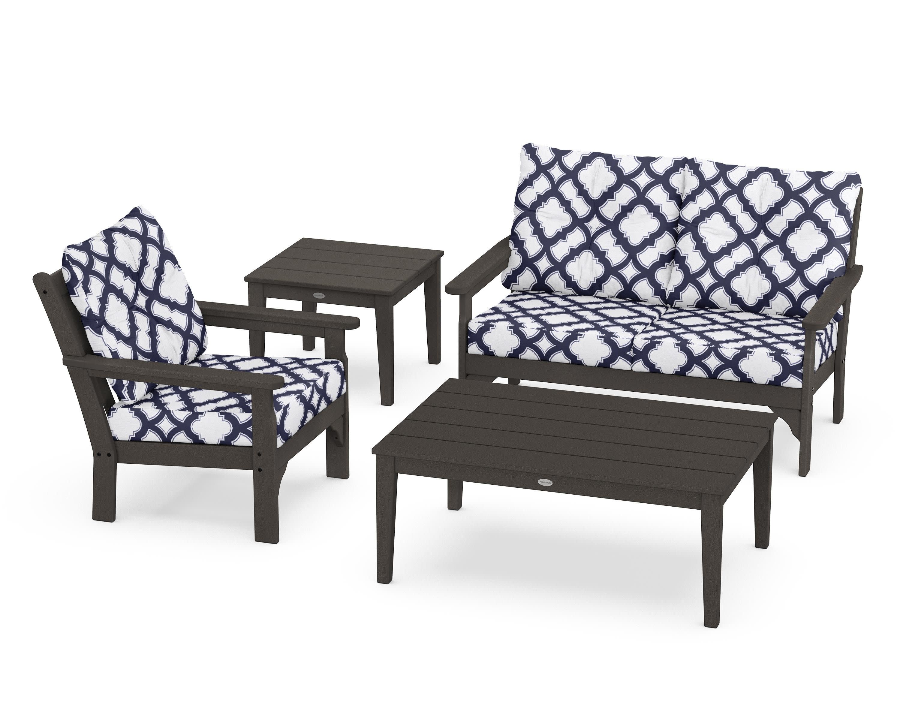 Vineyard 4-Piece Deep Seating Set in Vintage Coffee / Trellis Navy