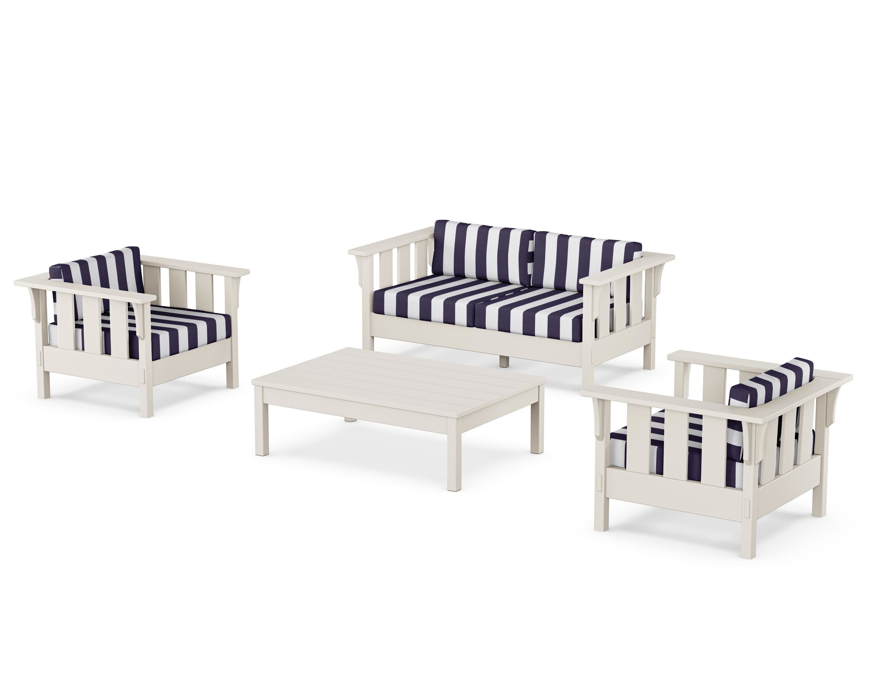 Acadia 4-Piece Deep Seating Set with Loveseat in Sand / Cabana Stripe Navy