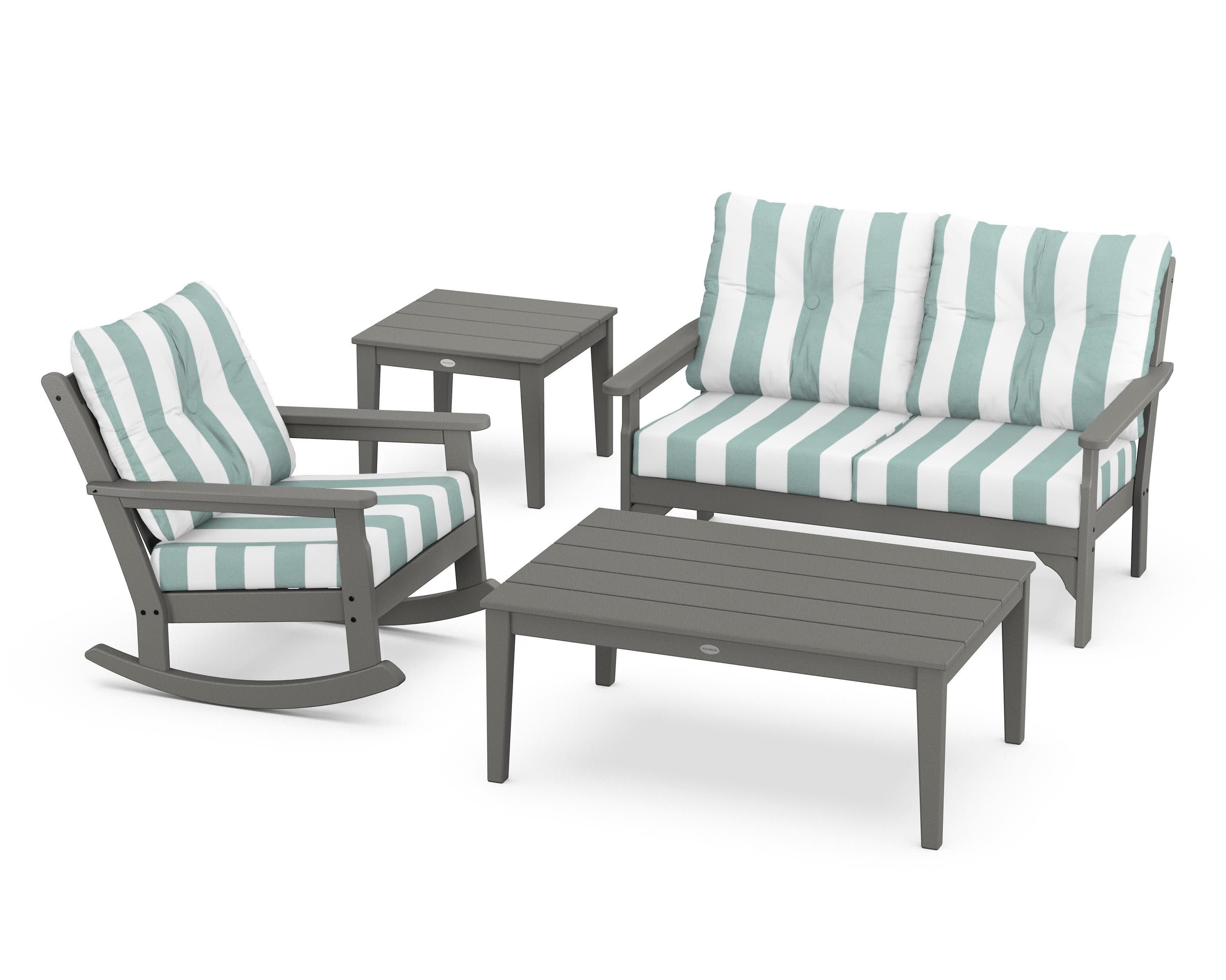 Vineyard 4-Piece Deep Seating Rocker Set in Slate Grey / Cabana Stripe Glacier Spa