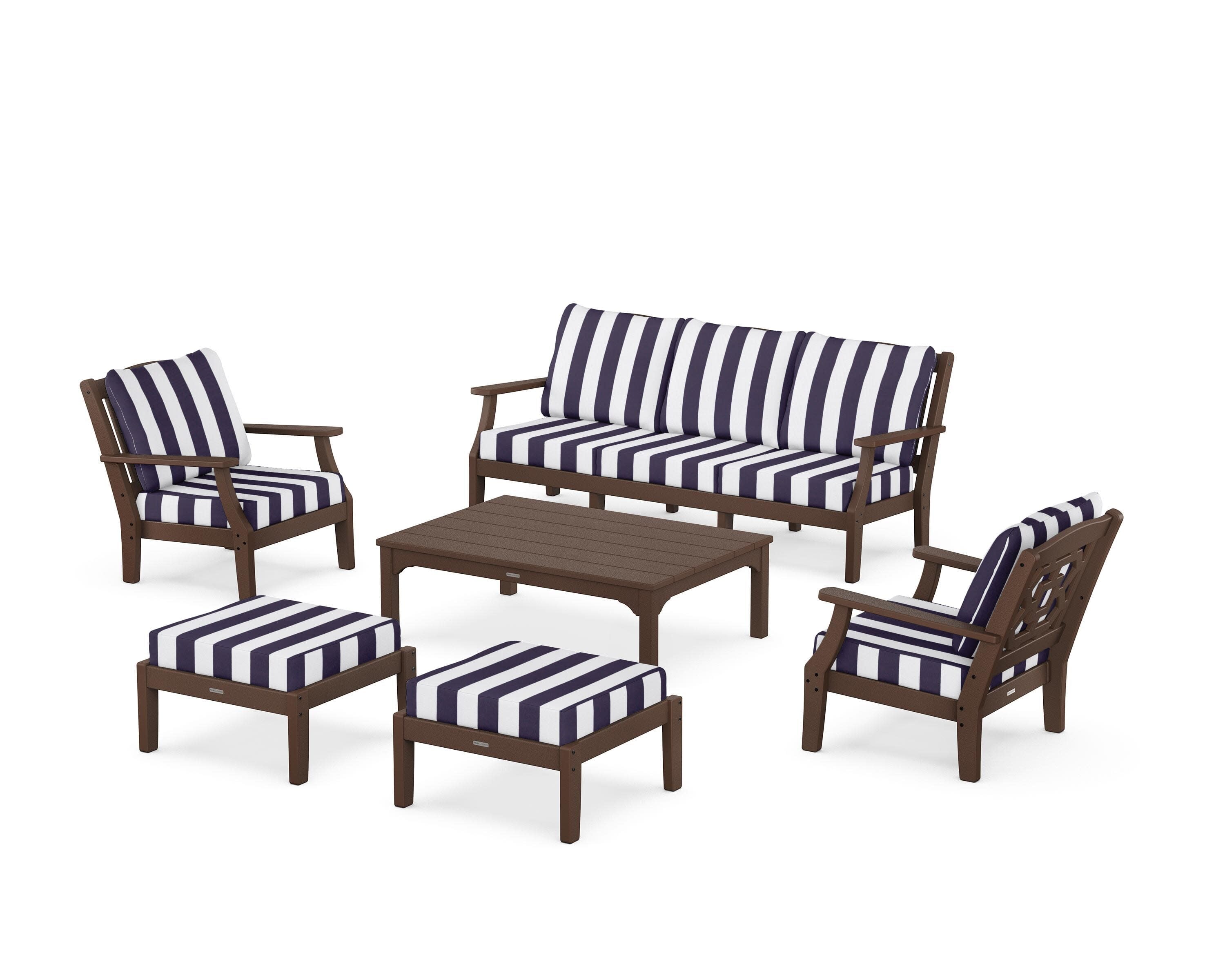 Chinoiserie 6-Piece Lounge Sofa Set in Mahogany / Cabana Stripe Navy