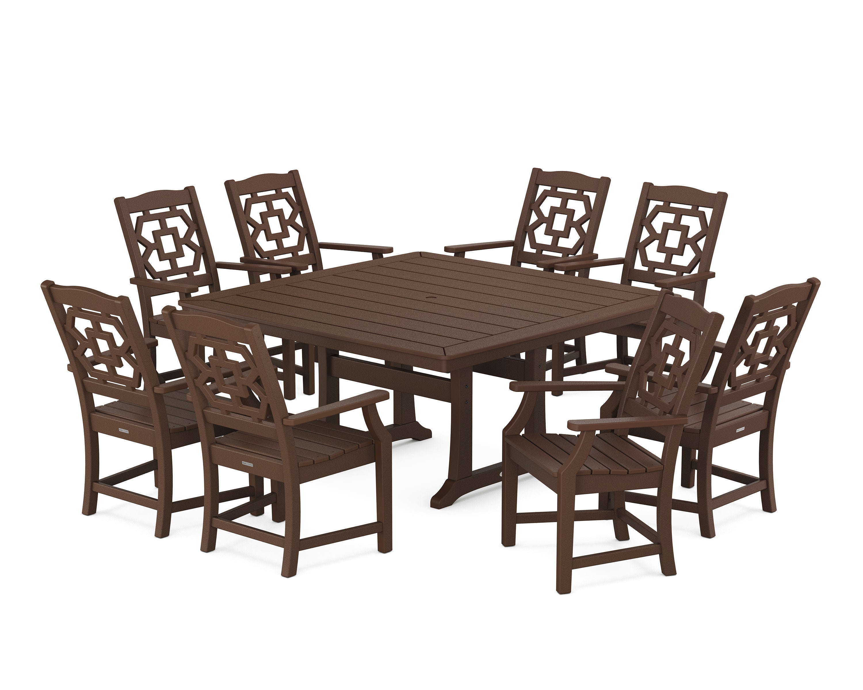 Chinoiserie 9-Piece Square Dining Set with Trestle Legs in Mahogany