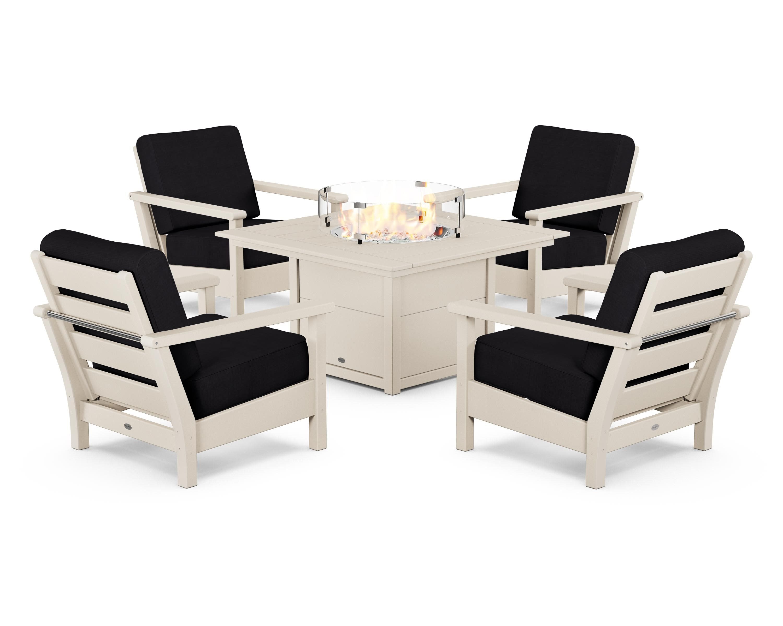 Harbour 5-Piece Conversation Set with Fire Pit Table in Sand / Midnight Linen