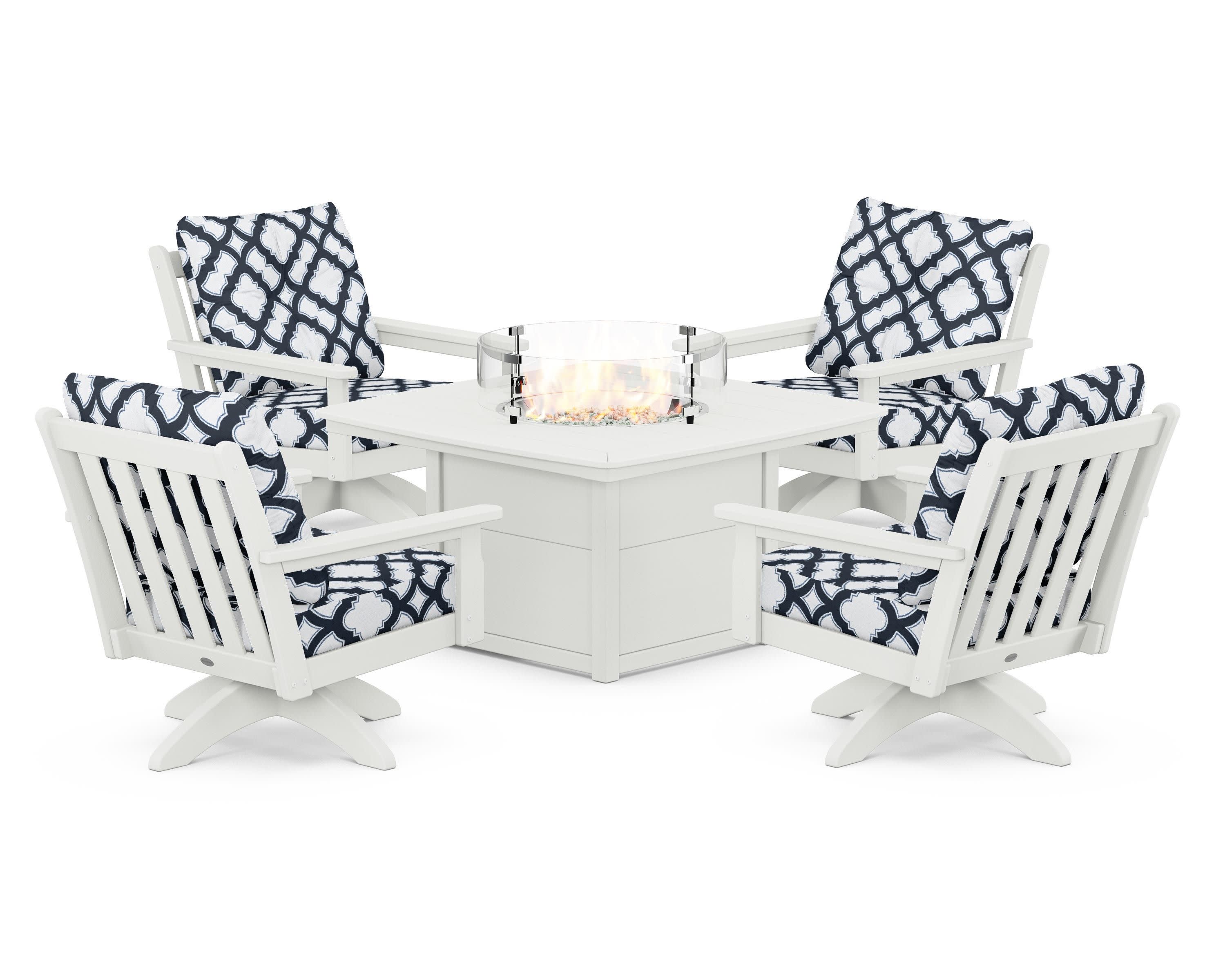 Vineyard 5-Piece Deep Seating Swivel Conversation Set with Fire Pit Table in Vintage White / Trellis Marine Indigo