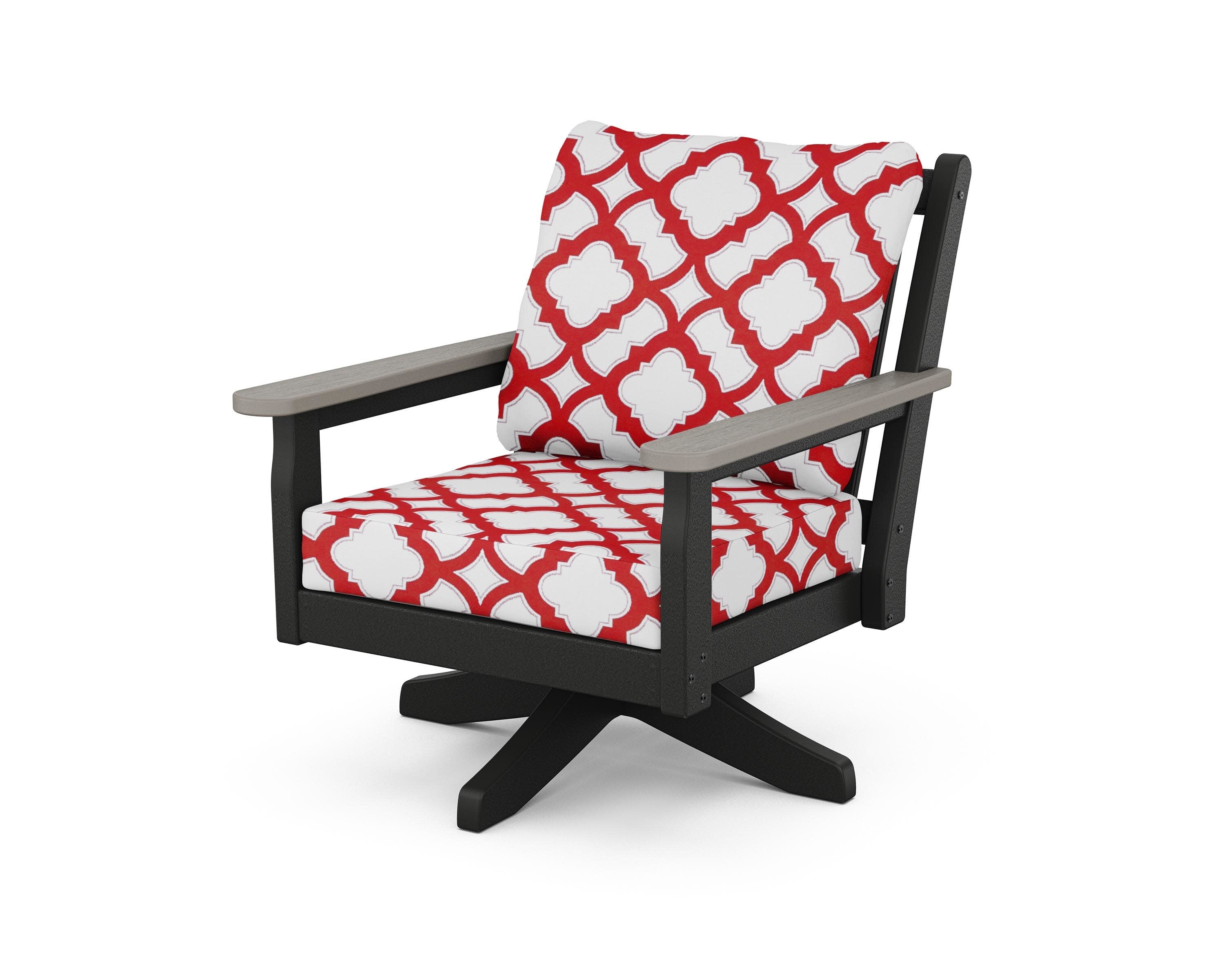 Chippendale Deep Seating Swivel Chair in Black / Driftwood / Trellis Crimson