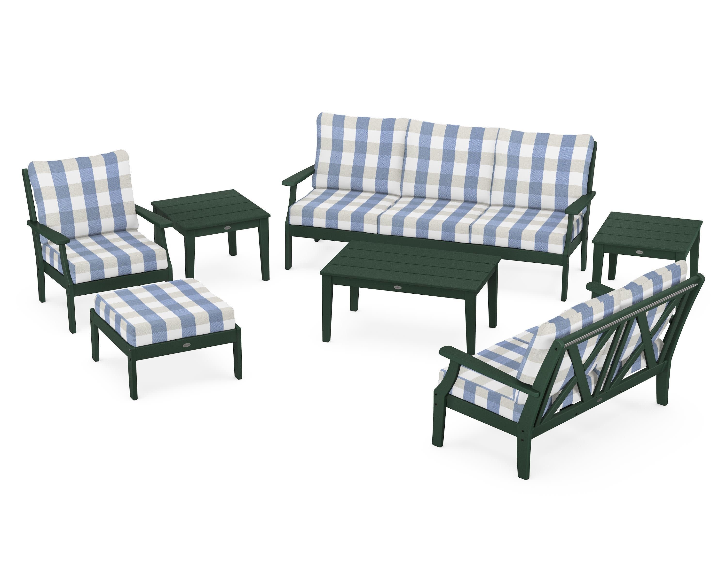 Braxton 7-Piece Deep Seating Set in Green / Buffalo Plaid Sky Blue