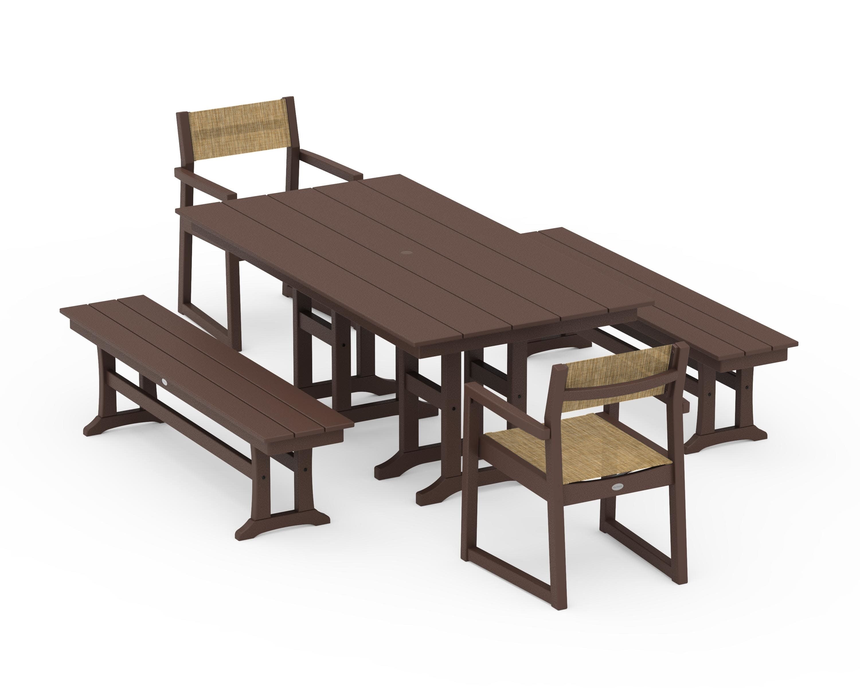 EDGE Sling Arm Chair 5-Piece Farmhouse Dining Set with Benches in Mahogany / Burlap Sling