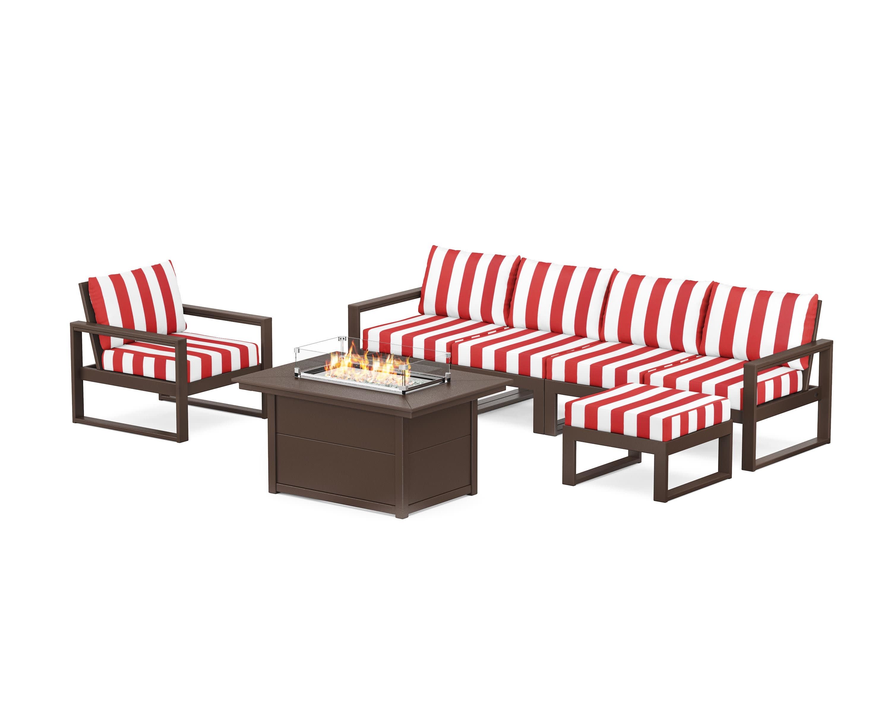 EDGE Sectional Lounge and Fire Pit Set in Mahogany / Cabana Stripe Crimson