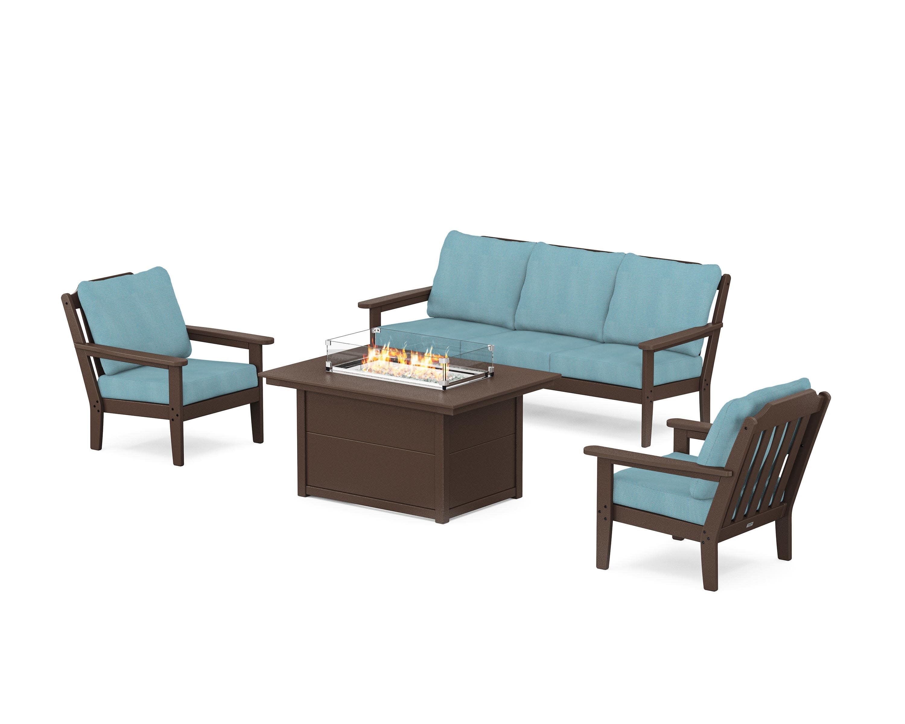 Cottage Deep Seating Fire Pit Table Set in Mahogany / Lattice Sky Blue
