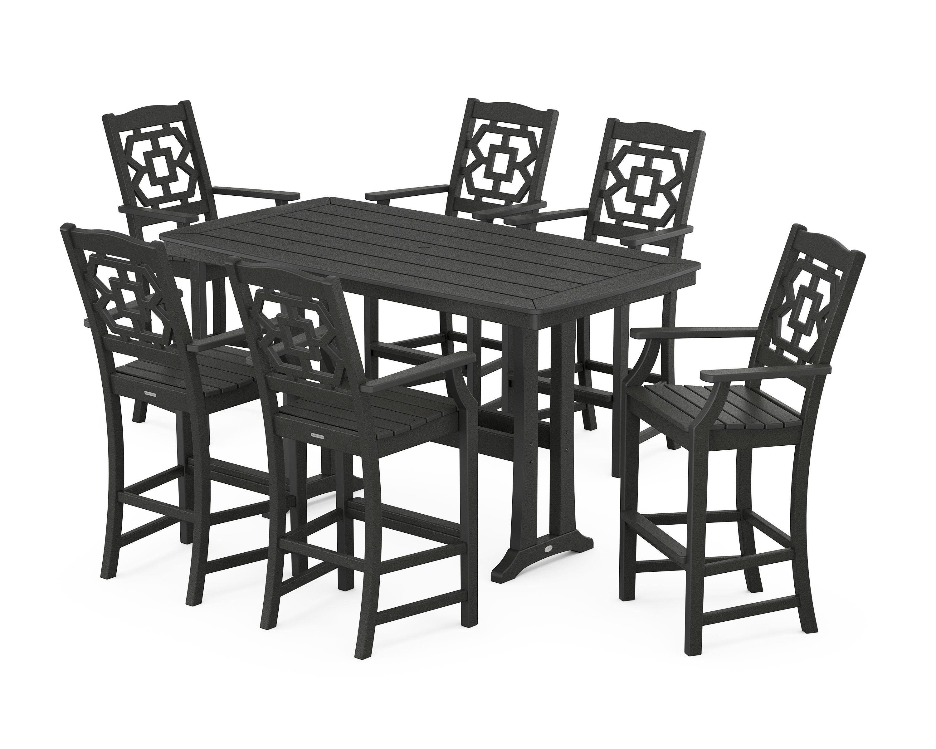 Chinoiserie Arm Chair 7-Piece Bar Set with Trestle Legs in Black