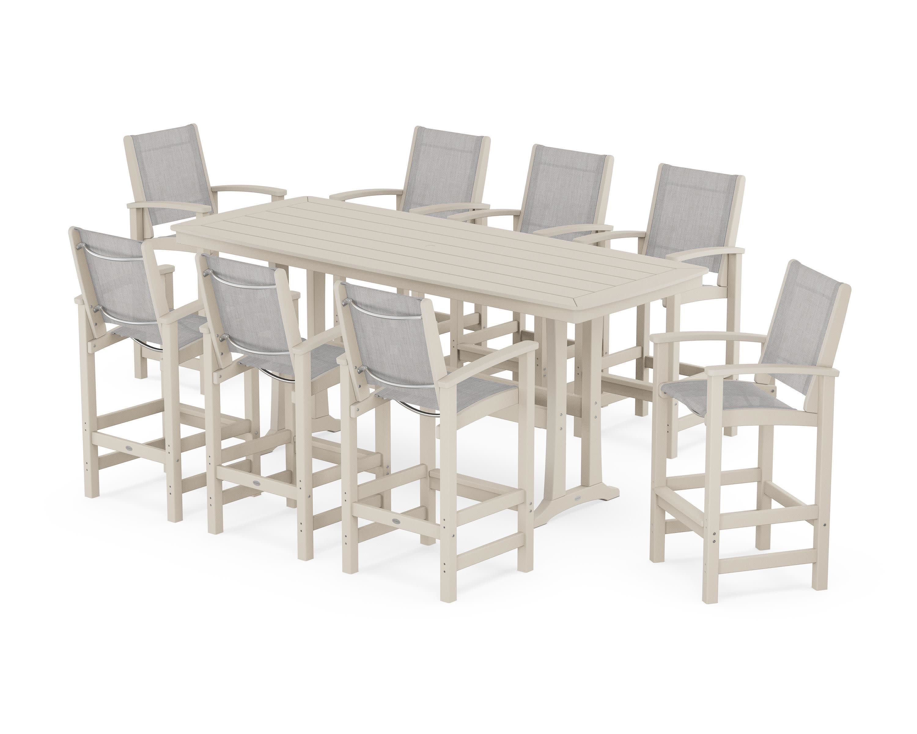 Coastal 9-Piece Bar Set with Trestle Legs in Sand / Parchment Sling