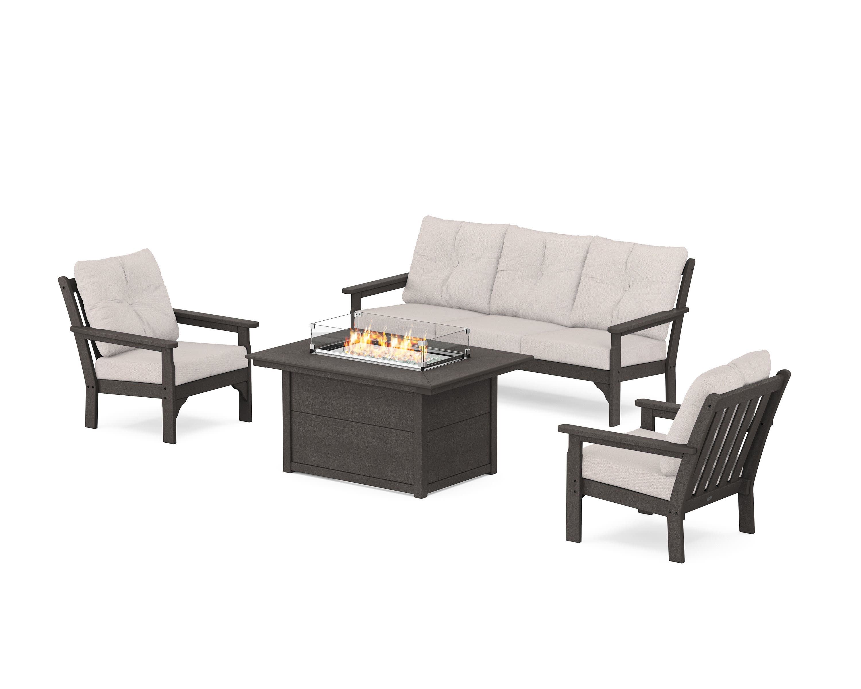 Vineyard Deep Seating Fire Pit Table Set in Vintage Coffee / Dune Burlap