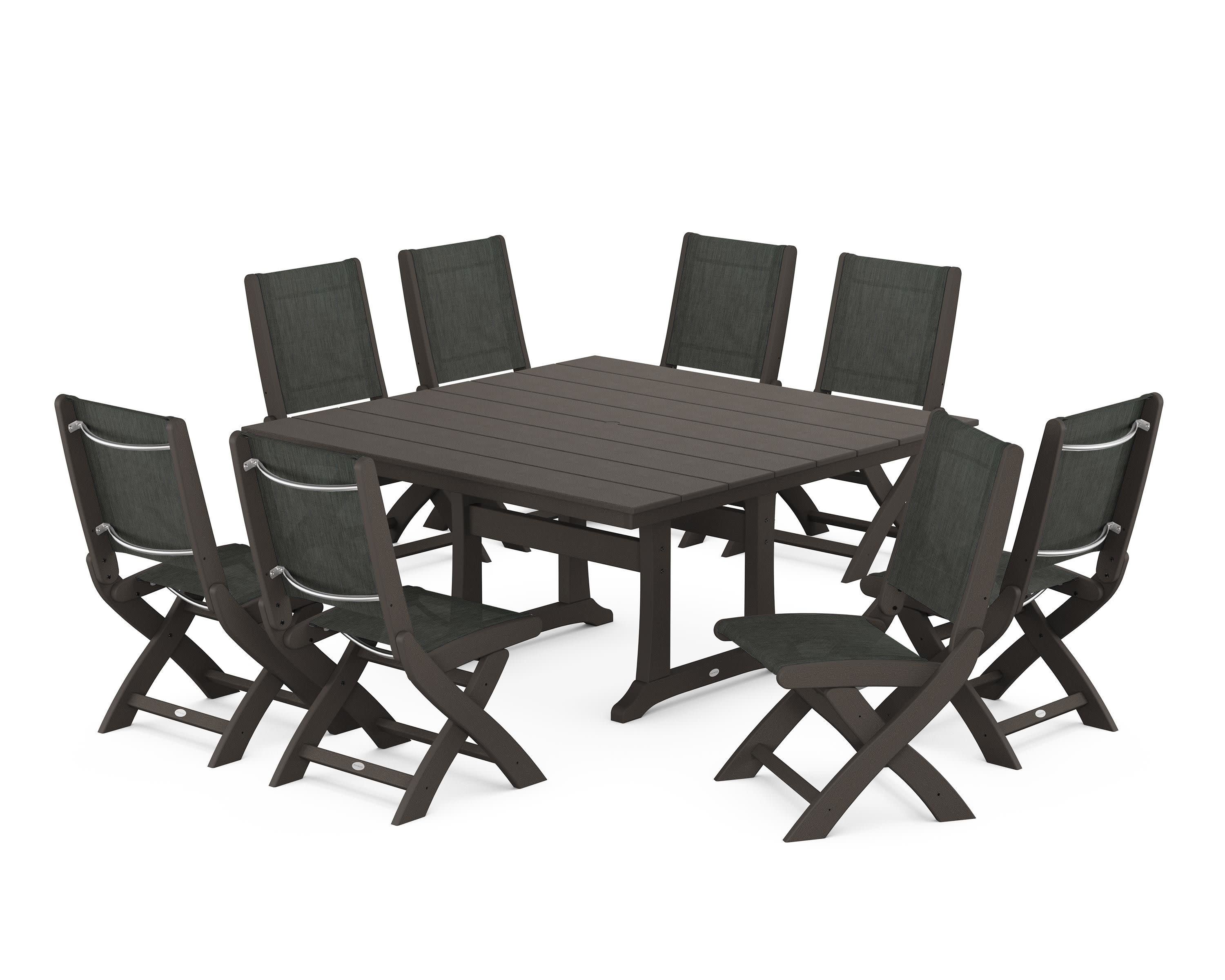 Coastal Folding Side Chair 9-Piece Farmhouse Dining Set in Vintage Coffee / Ember Sling